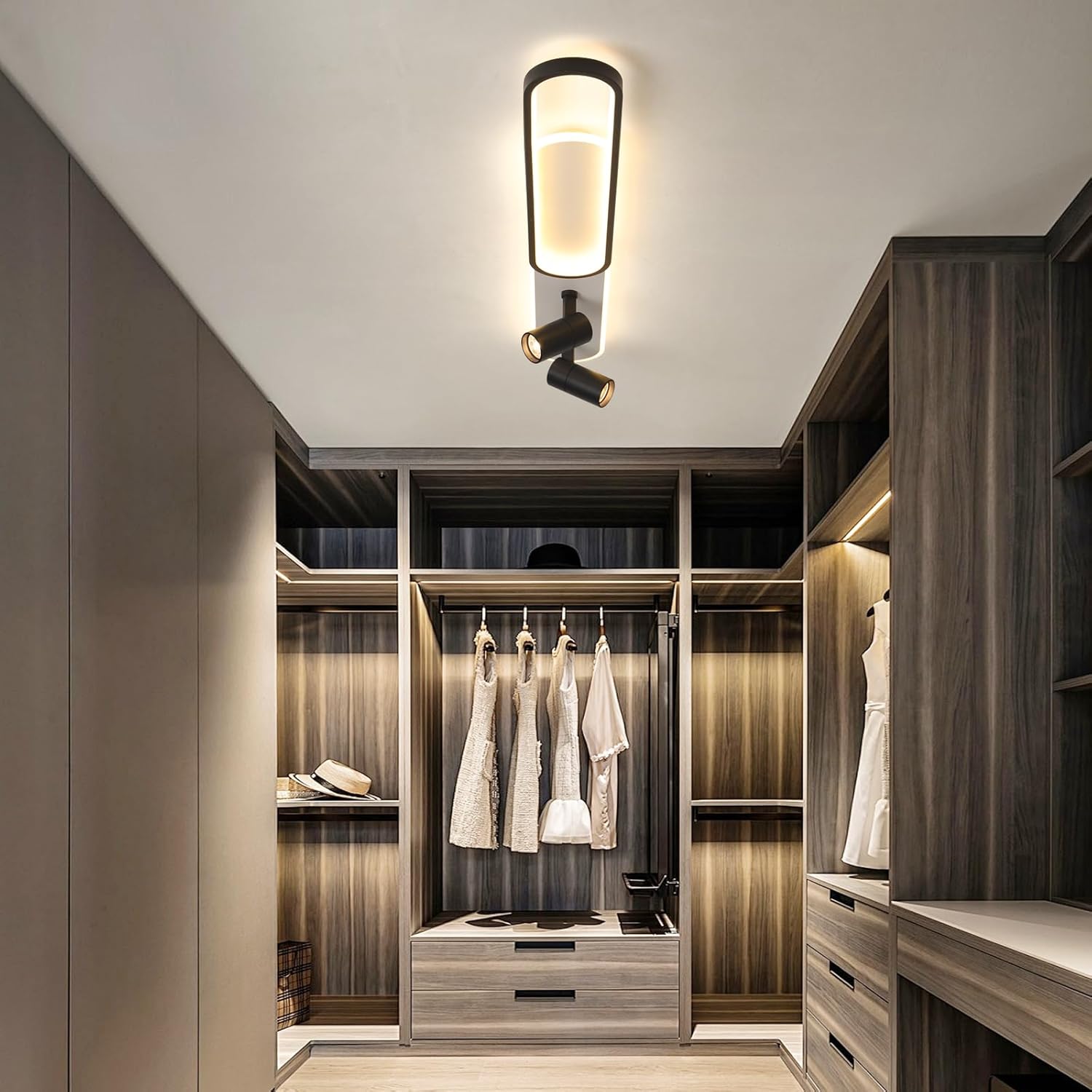 Modern LED Ceiling Light with 2 Spotlights 50W Black Linear Ceiling Light with Remote Control Dimmable (3000-6000k) 39.3Inch Room Ceiling Lamp for Living Room Bedroom Kitchen Laundry Hallway