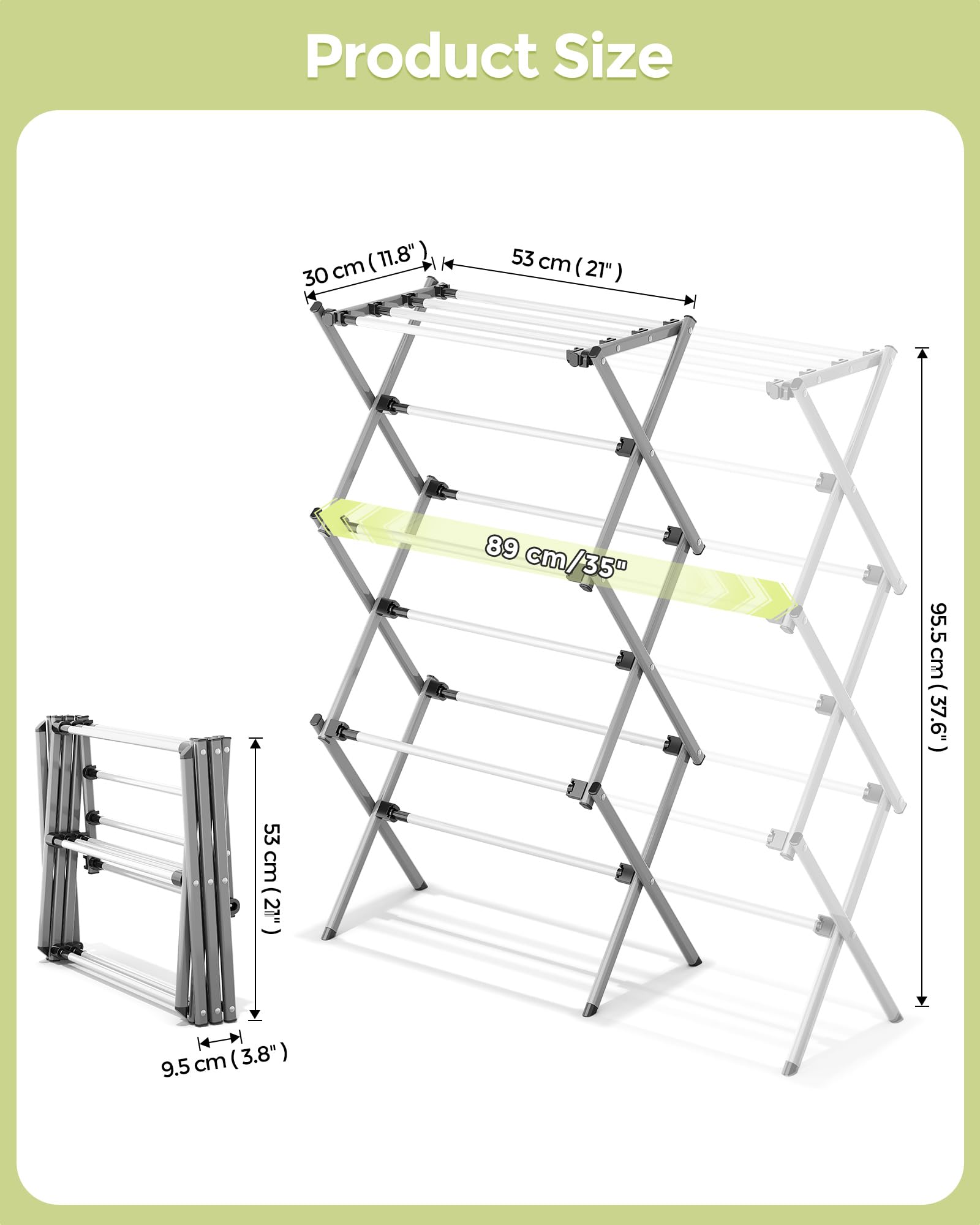 SYKIARIOL Stendibiancheria compatto, piccolo stendibiancheria pieghevole con 11 aste, mini stendibiancheria a 3 ripiani, per indumenti per bambini e biancheria leggera (grigio, 89 x 30 x 95,5 cm)
