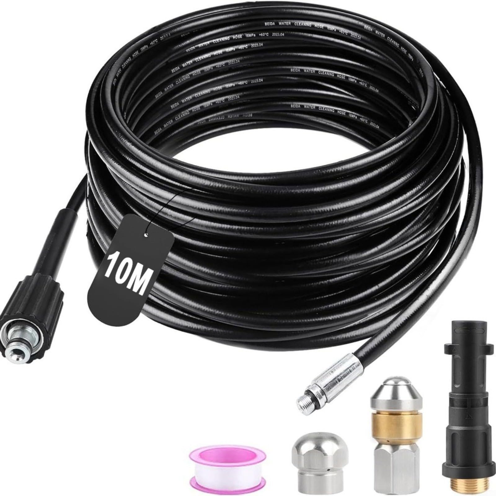 Kit de manguera de limpieza de tuberías de 10 m, incluye adaptador de boquilla giratoria y cinta de sellado para tareas de mantenimiento de drenaje de lavadora a presión de 180 bar