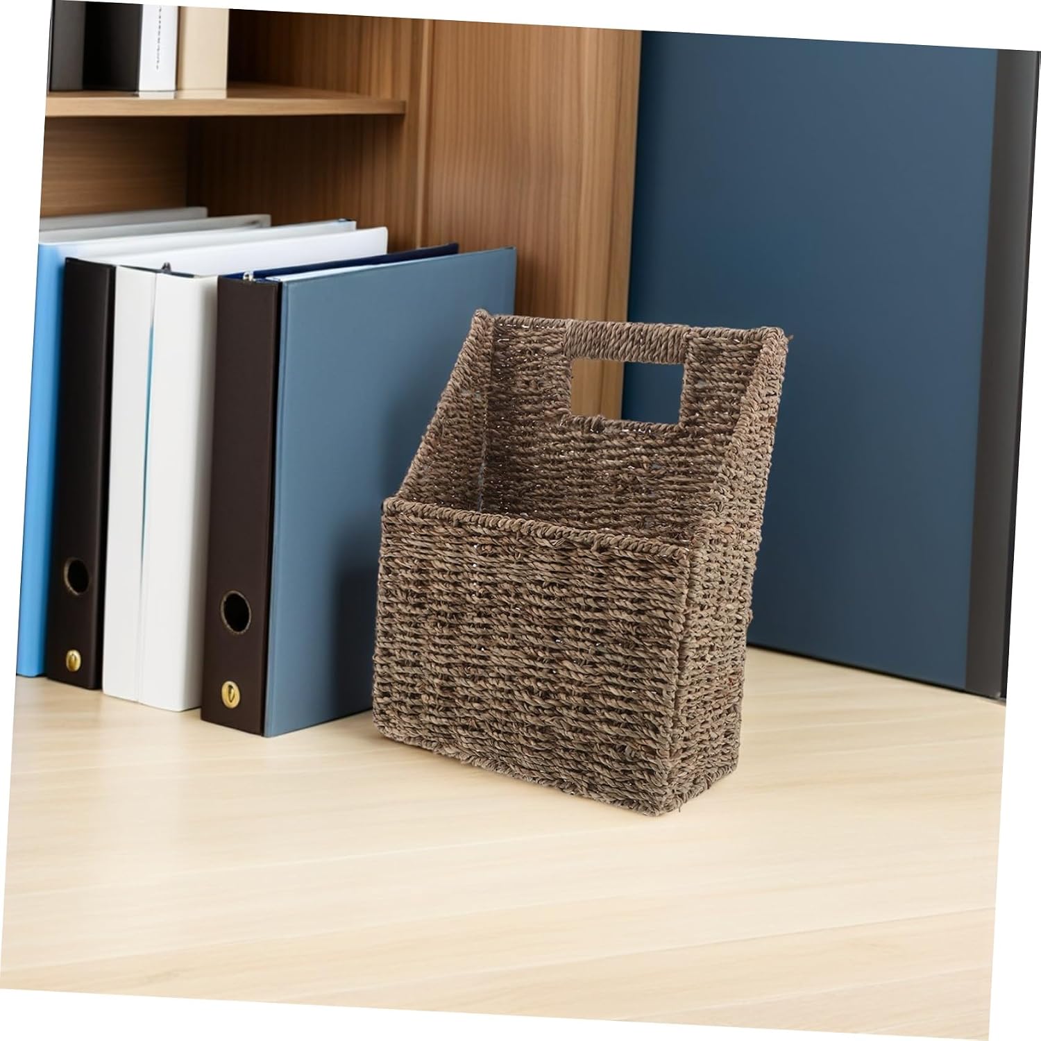 Handwoven Hanging Magazine Basket Organizer, Woven Grass File Holder with Slant Opening, Small Seagrass Storage Bin for Mail, Books, and Documents, Decorative Wall Rack for Home