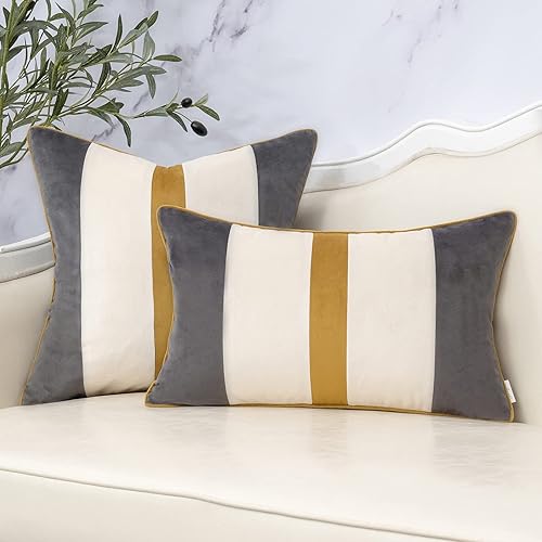 Miniatura 5 de Yangest Funda de almohada lumbar de retazos gris oscuro, funda de cojín de terciopelo a rayas, moderna funda de almohada oblonga para sofá,