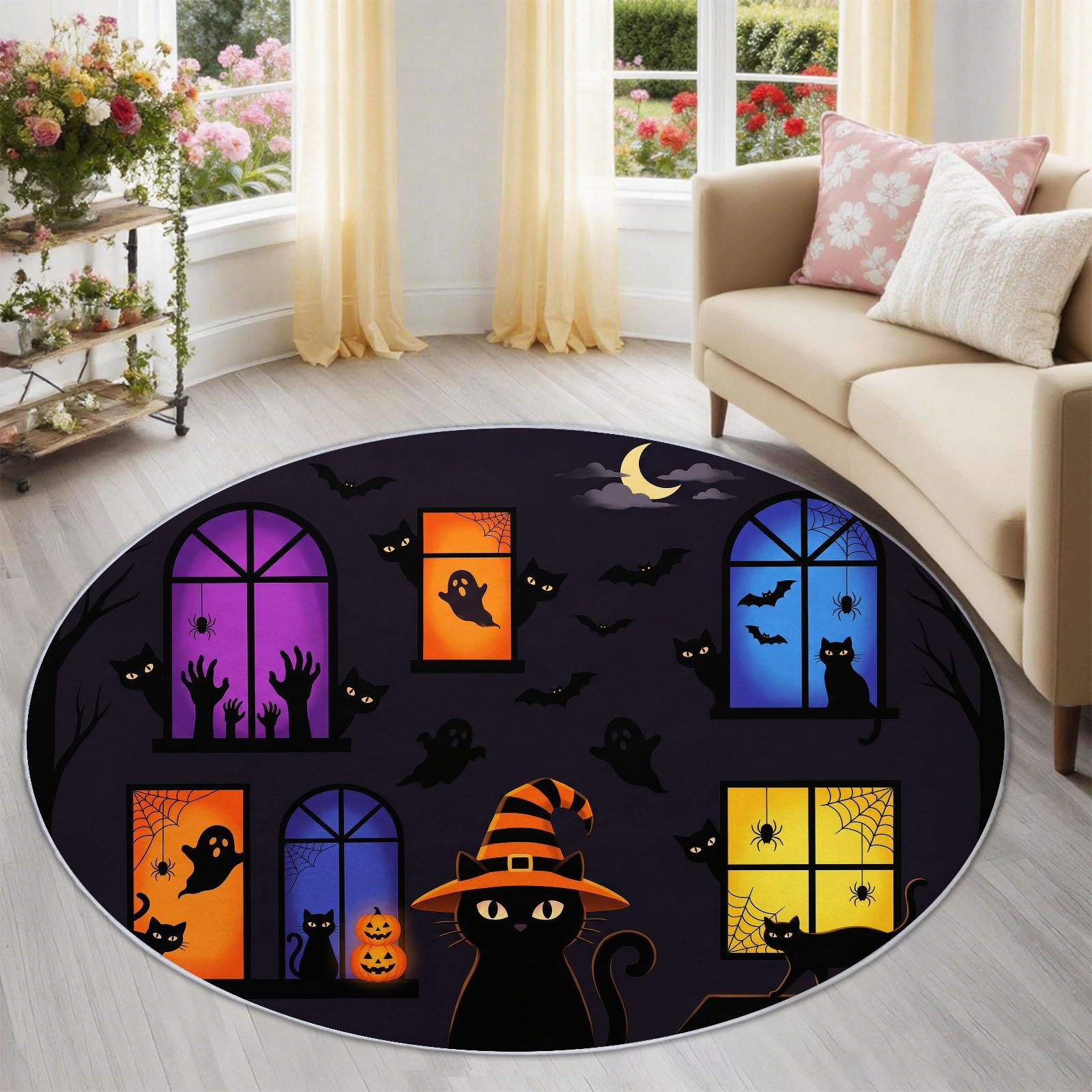 Generisch Spielteppich Kinderteppich Ultraweiche rutschfest Spielmatte Waschbar Halloween Tiere Kinderteppich für Mädchen Jungen, Halloween Schwarze Katze Mit Hexenhut, 200 cm Rund, Schwarz
