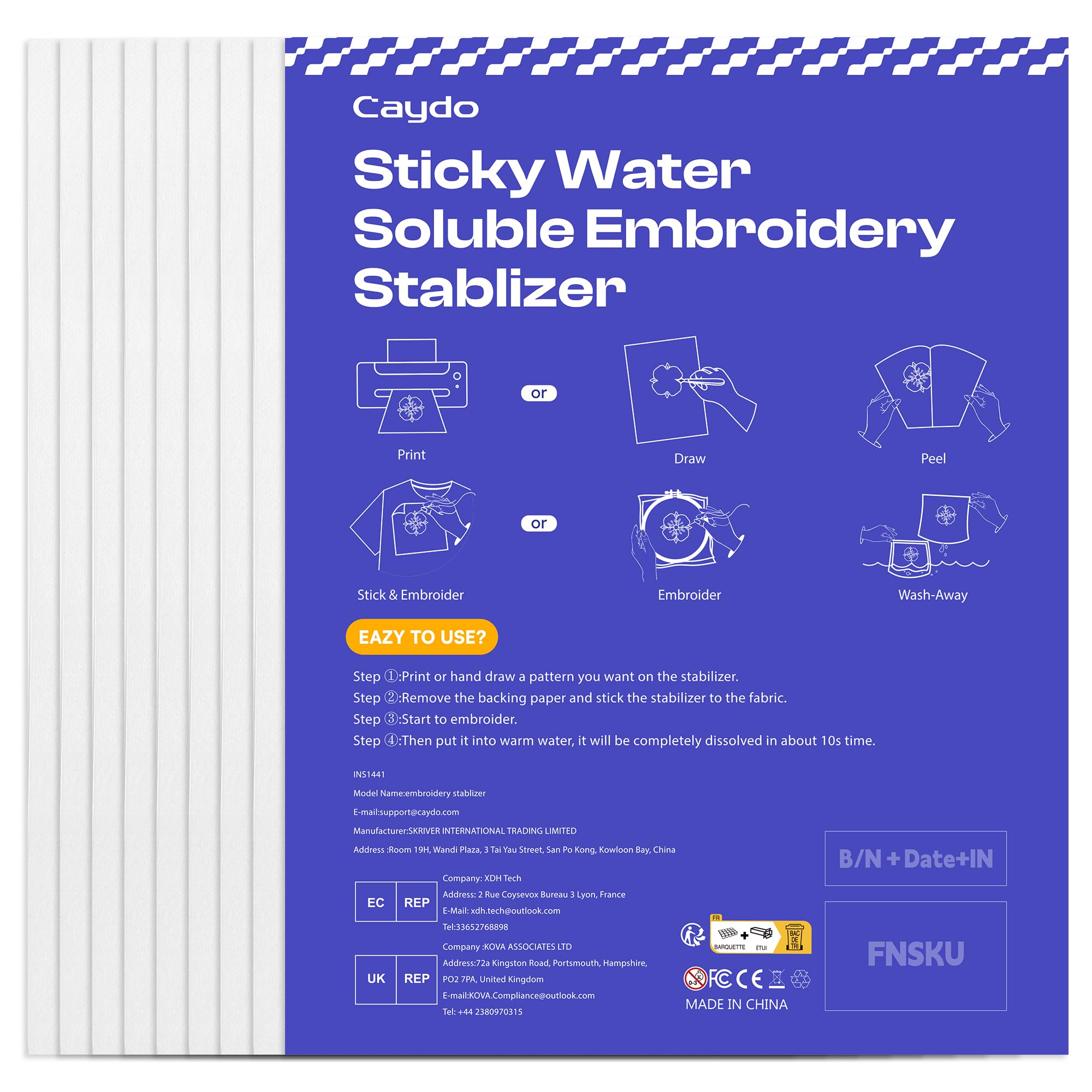 Caydo Water Soluble Embroidery Stablizer, 8Pcs 8.5