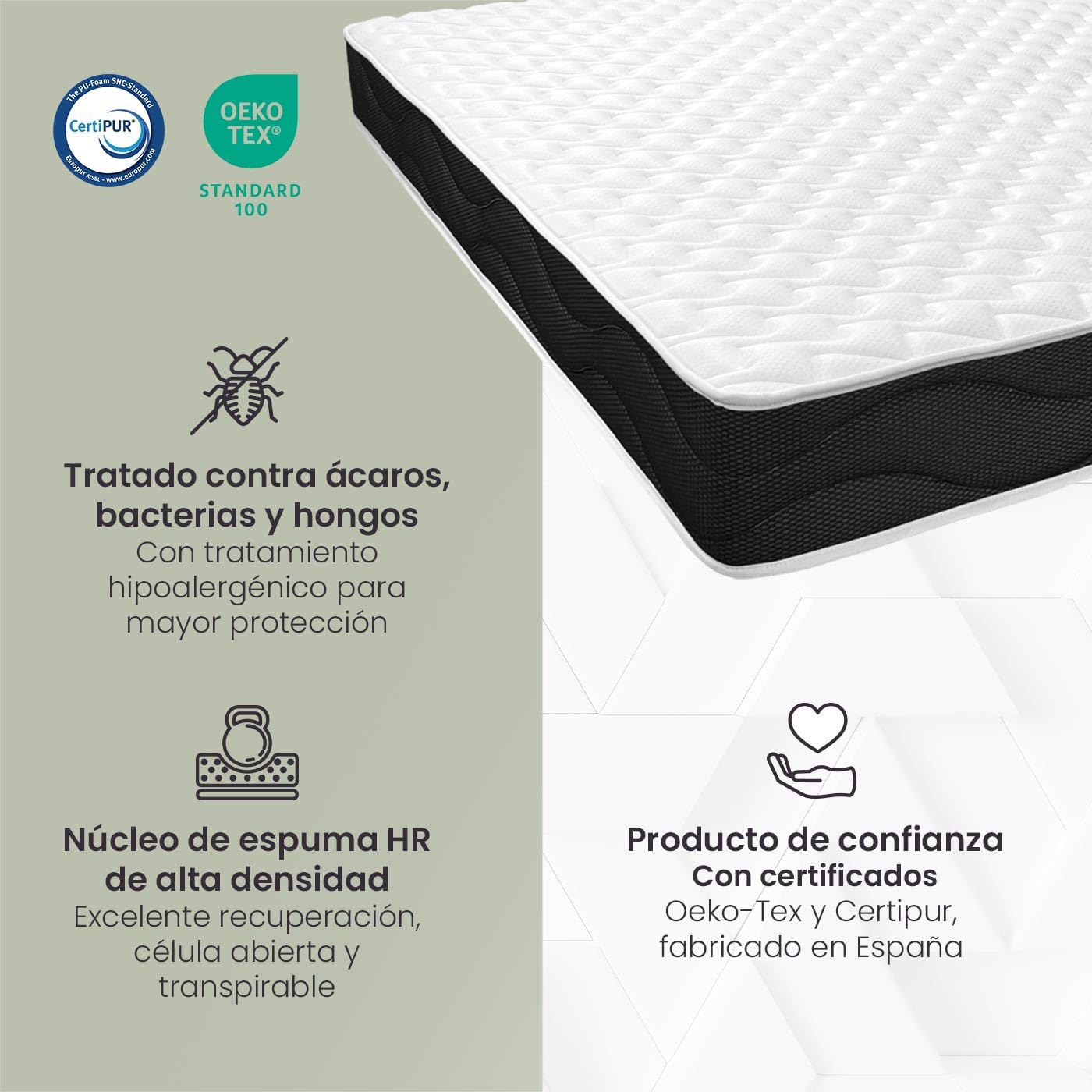 Homey - Colchón Viscoelástico Sleep Pro Reversible (Cara Invierno-Verano) Firmeza-Dureza Media-Alta, Grosor 20cm, Antiácaros, Antibacerias e Hipoalergénico, 90x190