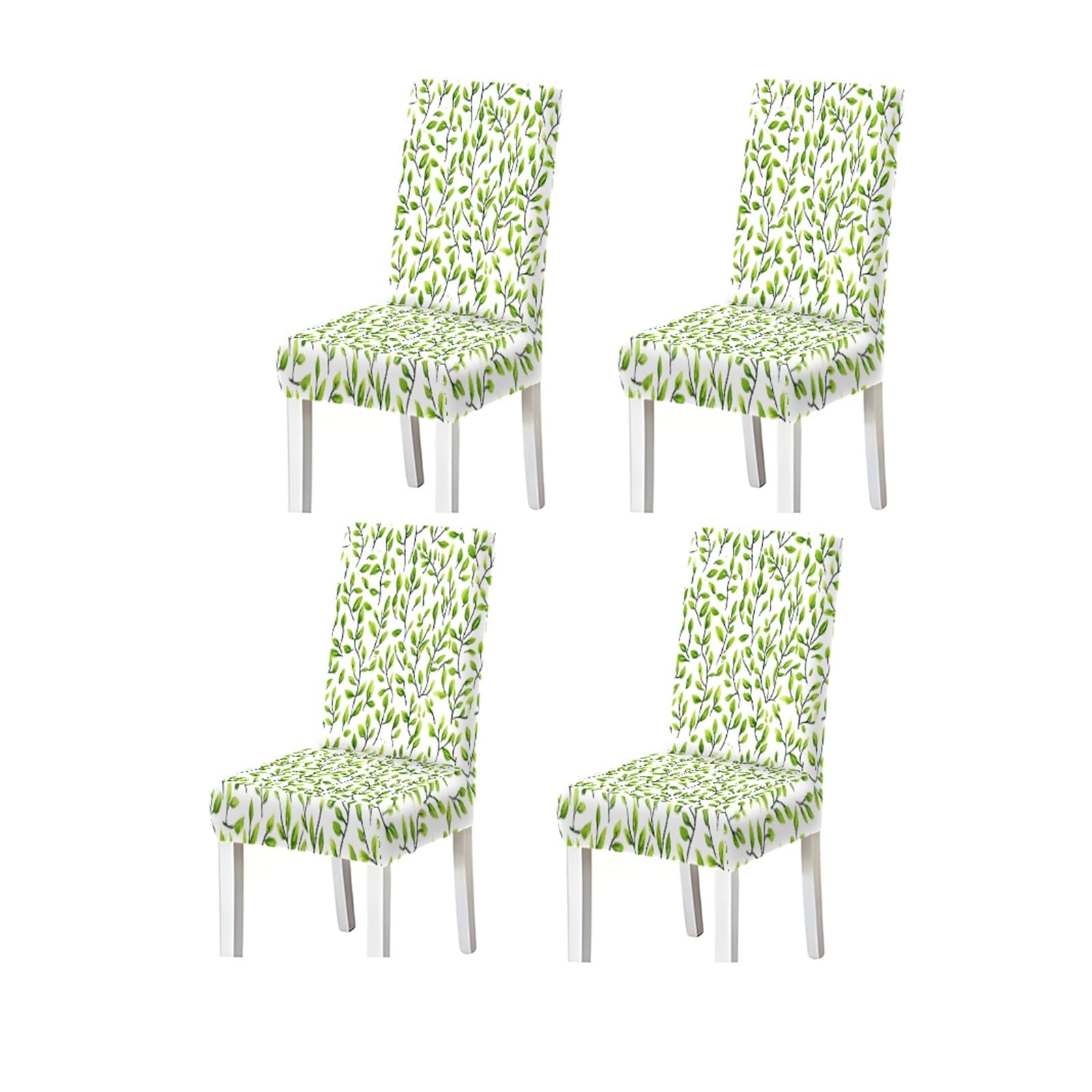 Green Leaf Chair Covers Set Of 2/4/6, Stretch Dining Chair Slipcovers, Fresh Botanical Farmhouse Home Decor Removable Stretch Slipcovers for Dining Chairs(4PCSChair cover)