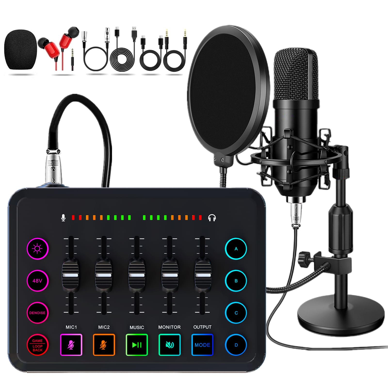 Podcast Equipment Bundle, 48V Condenser Microphone Bundle with F9 Sound Card, Podcast Microphone Recording Studio Package for Podcasting Live Streaming Singing PC Mobile TikTok YouTube