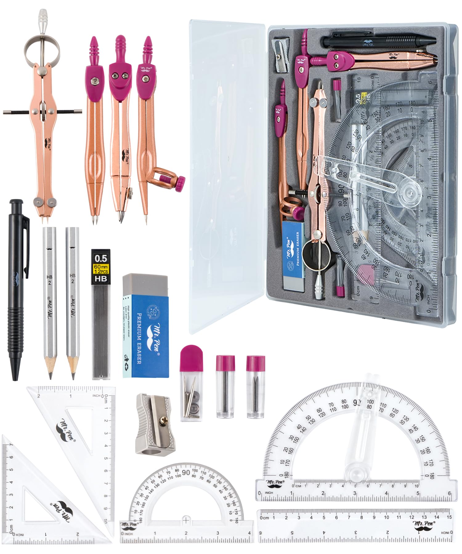 Mr. Pen Geometry Set in rose gold, featuring compass and ruler | Mubboo