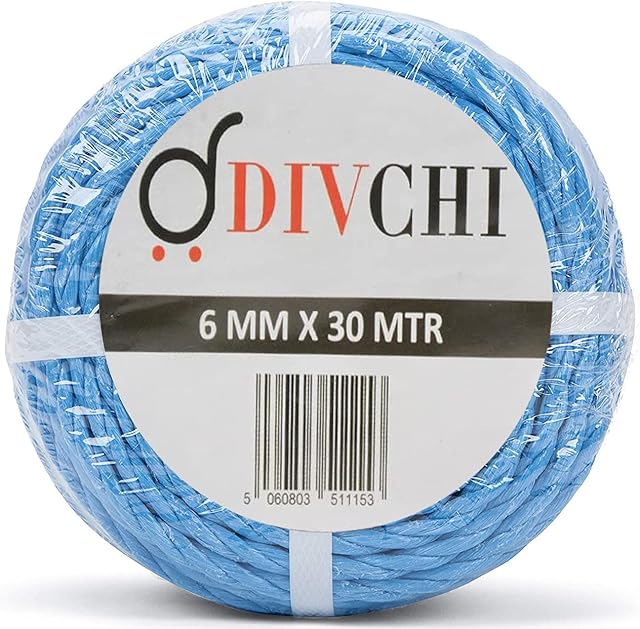 DIVCHI Tarpaulin Polypropylene Blue Rope Coil String Climbing Traction Tying Rope Washing Line for Camping Garden Garage Clothesline & Industrial (6mm x 30m)