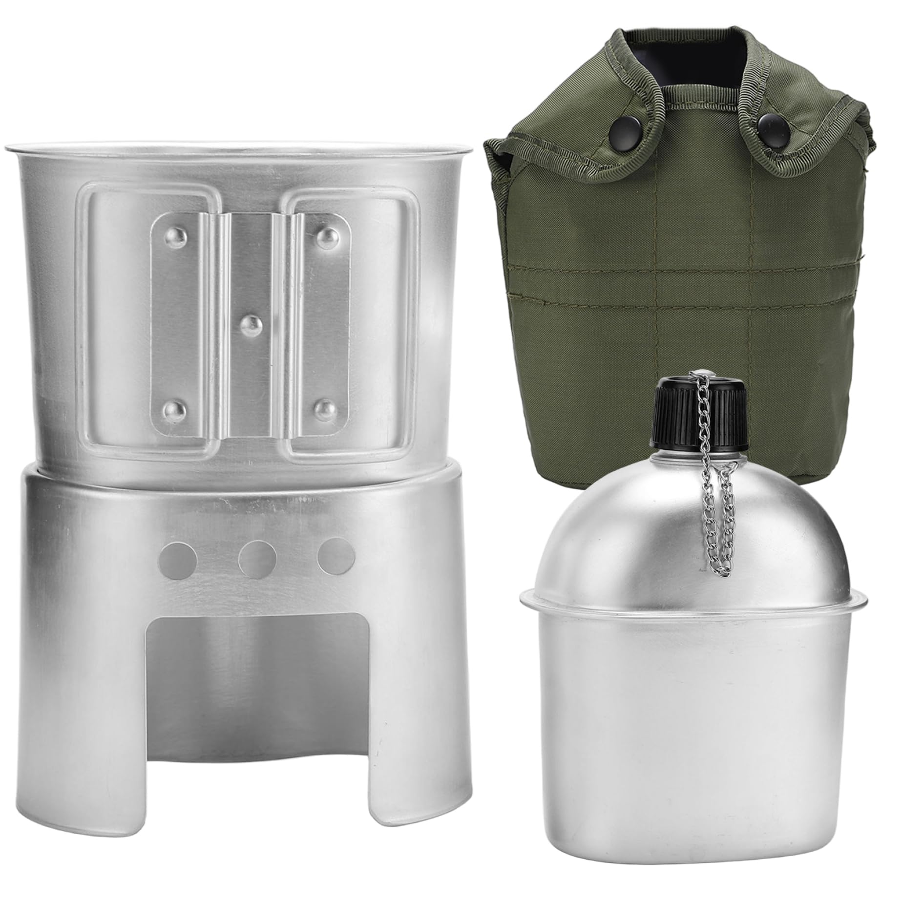 Kit de cantimplora, cantimplora de Metal de Aluminio de 850 ml con Taza y Estufa, Juego Completo de cantimploras Militares para Acampar, Hacer Senderismo y Aventuras al Aire Libre