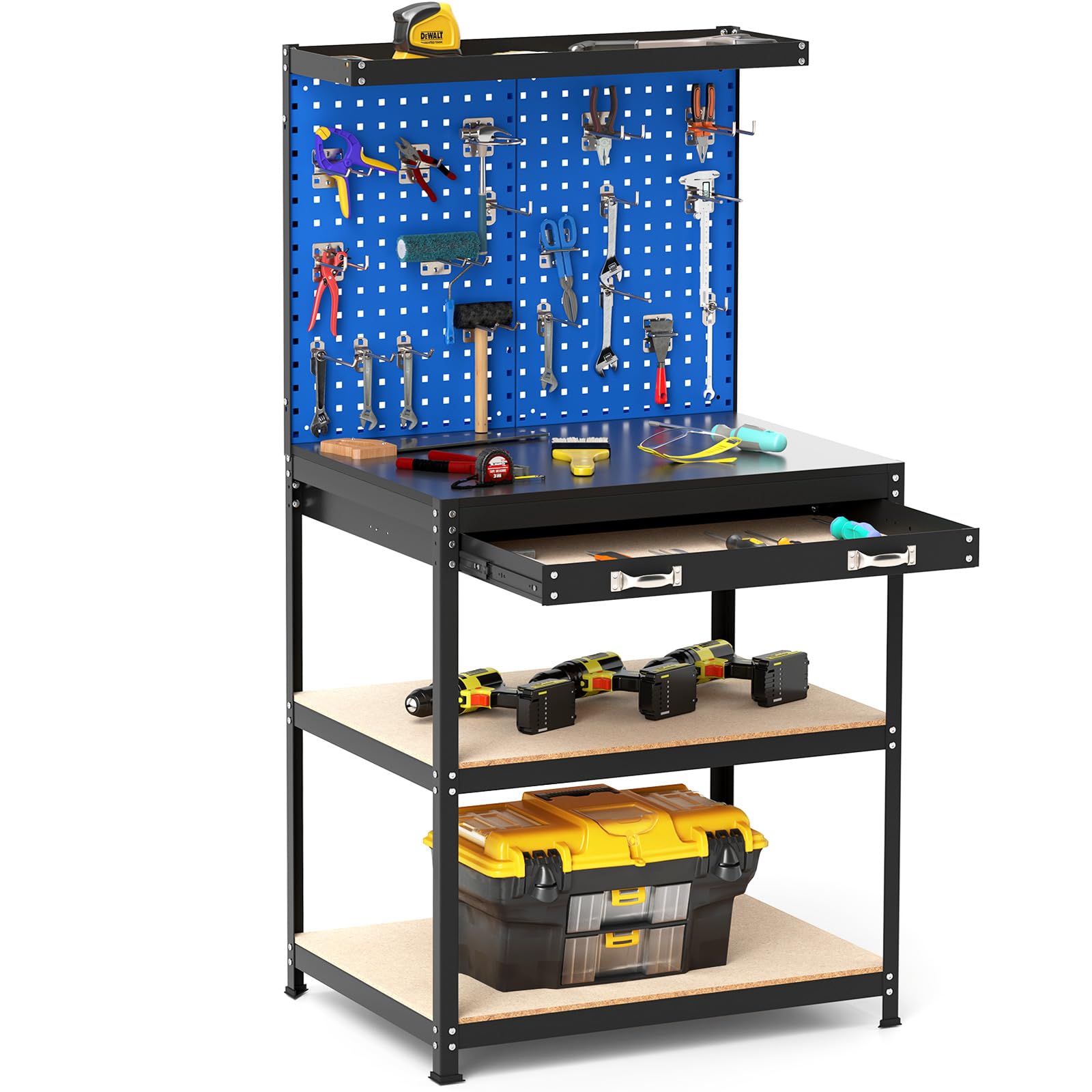 COSTWAY Banco de Trabajo Taller, Capacidad de 225 kg, Mesa de Trabajo con 3 Paneles de Perforación, 2 Cajones y Estantes, 20 Ganchos para Colgar (Azul,81 x 41 x 156 cm)