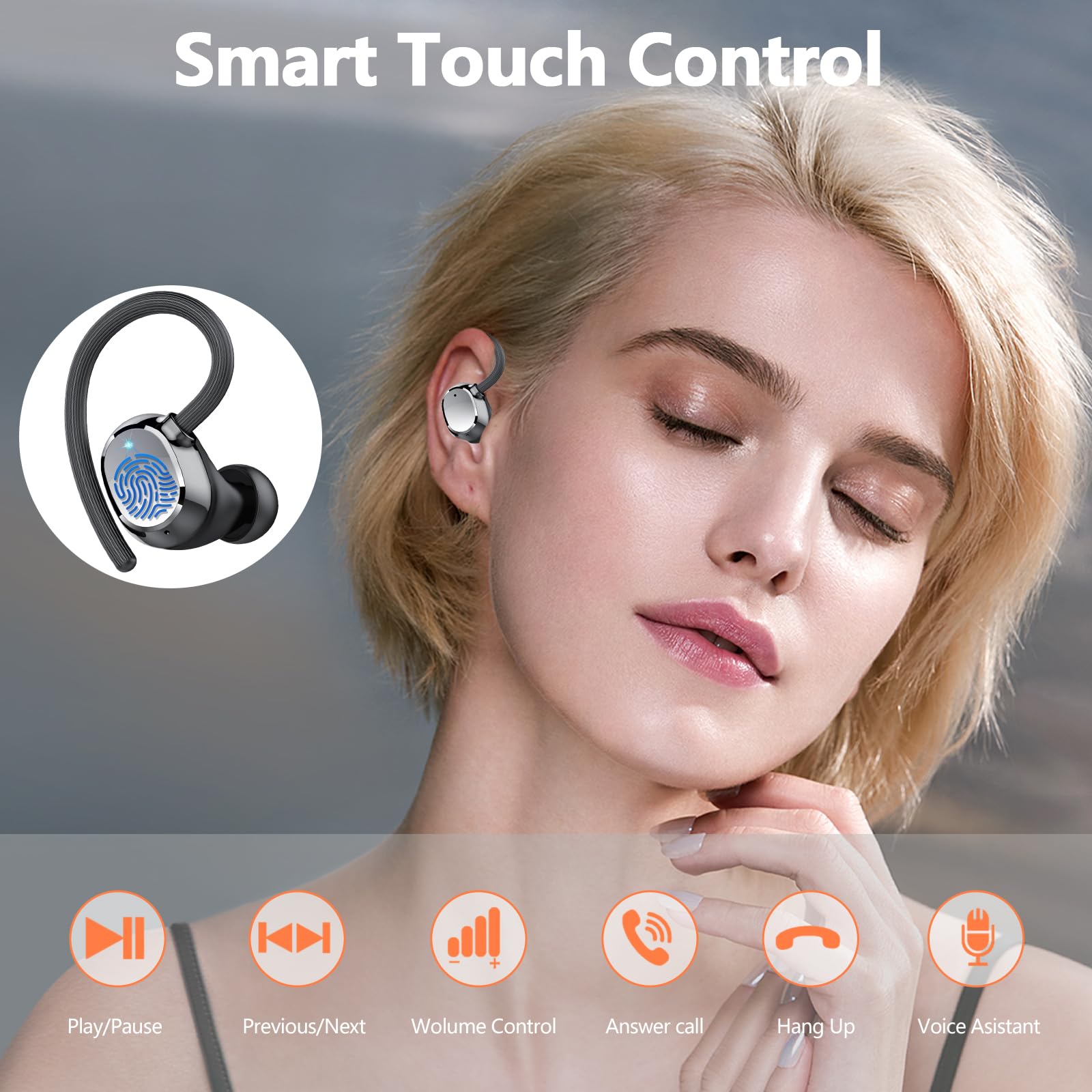 Cuffie Bluetooth, 2025 Auricolari Bluetooth 5.3 con 4 Mic, Cuffie Wireless In Ear HiFi Stereo, 128 Ore LED Display, Touch Control, Cuffie Senza Fili IP7 Impermeabili, per Sport Running, USB-C - Vista 8