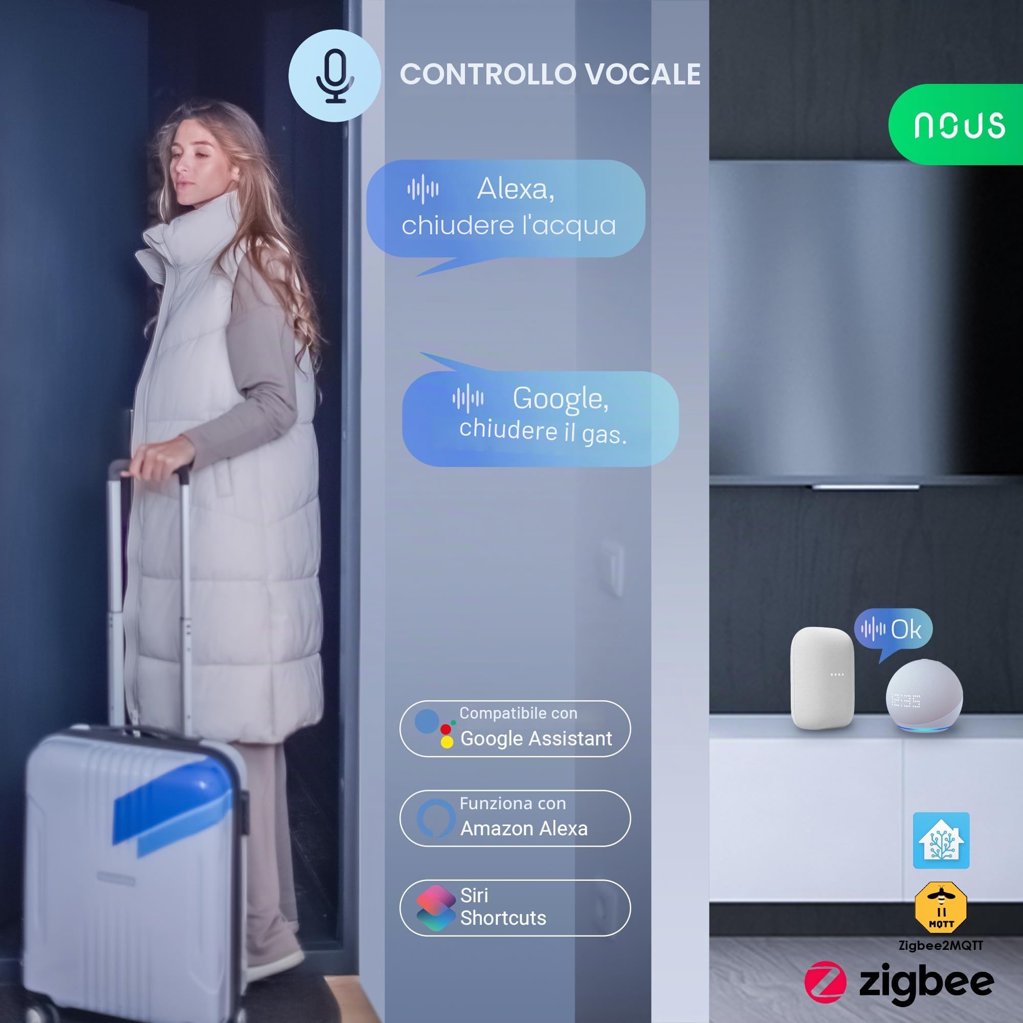 NOUS LZ3 Valvola dell'acqua ZigBee, compatibile con Google Assistant e Amazon Alexa, timer intelligente Tuya, controllo dell'irrigazione con valvola dell'acqua ZigBee2MQTT
