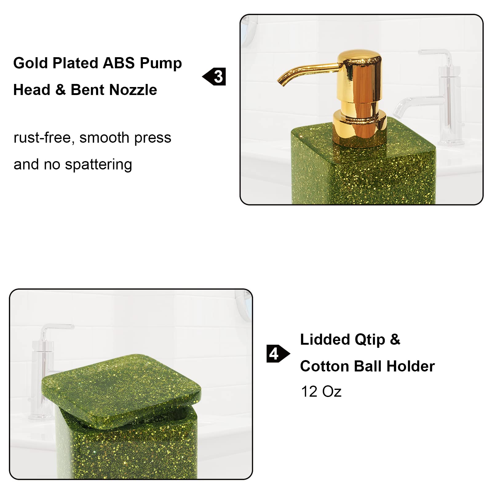 Juego de Accesorios de baño, 5 Piezas de Resina Verde Salvia para decoración de baño con dispensador de loción, jabonera, Vaso, Soporte para Cepillo de Dientes, Soportes para Puntas Q,