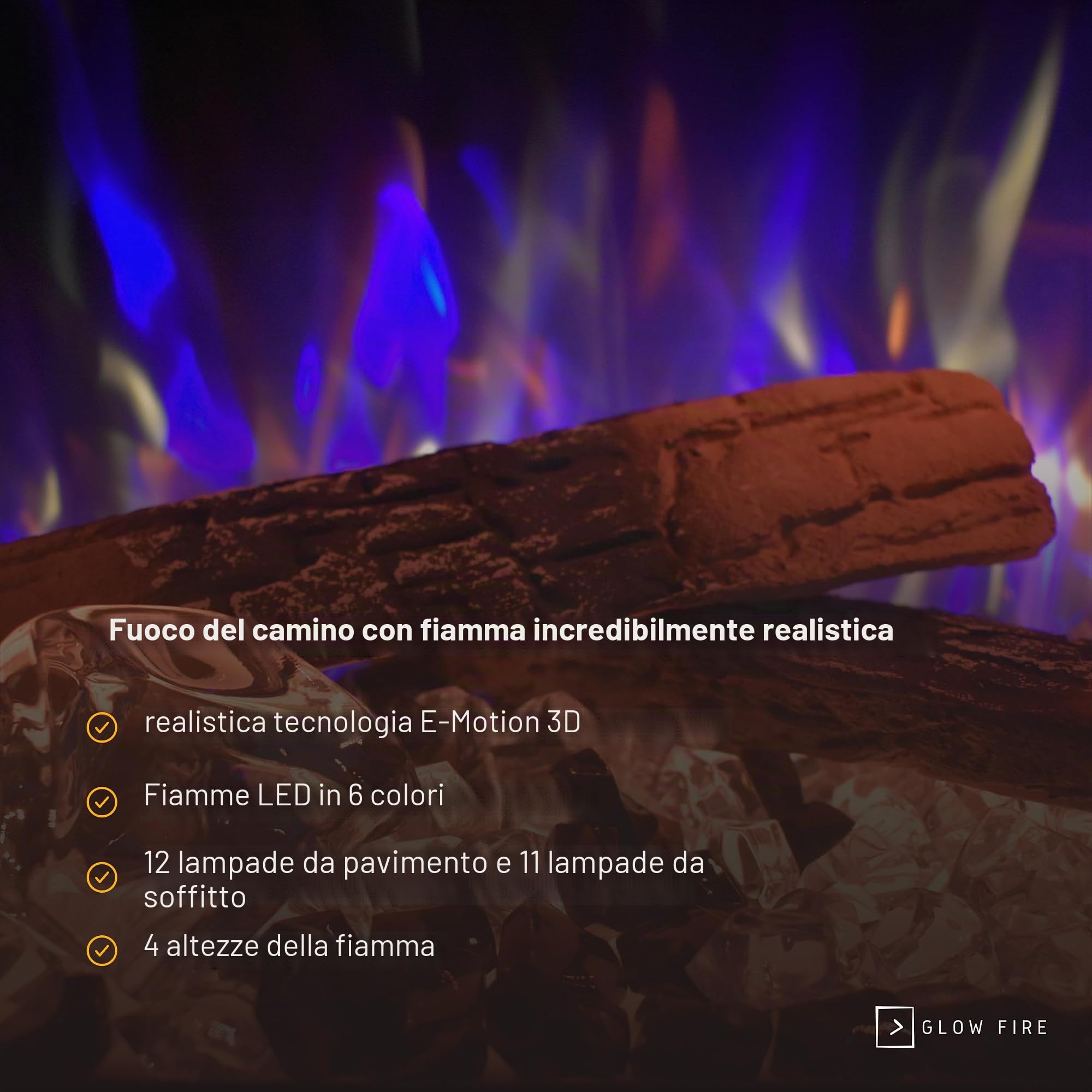 GLOW FIRE Caminetto PR6 con realistico fuoco LED E-Motion 3D - Caminetto elettrico da terra con riscaldamento, fuoco da camino, timer, max. 1500 W, 130x98,5x37,5 cm, Bianco (Quercia)