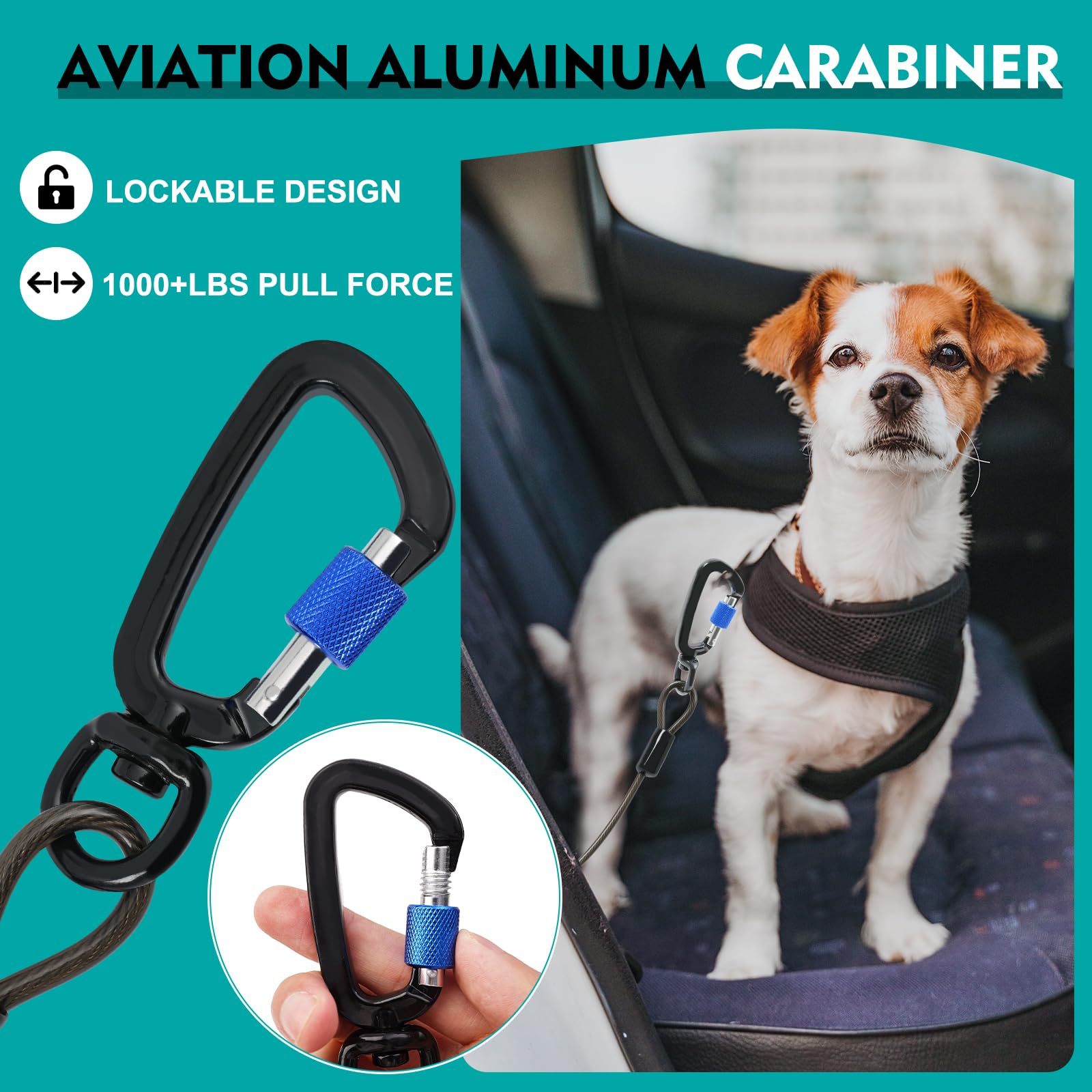 Chew Proof Dog Seat Belt for Car, 32 inch Black Dog Car Harness with Latch Bar Attachment and Aviation Aluminum Carabiner Up to 1000 lbs, Secure Dog Seatbelt Leash 1 Pack - image 4