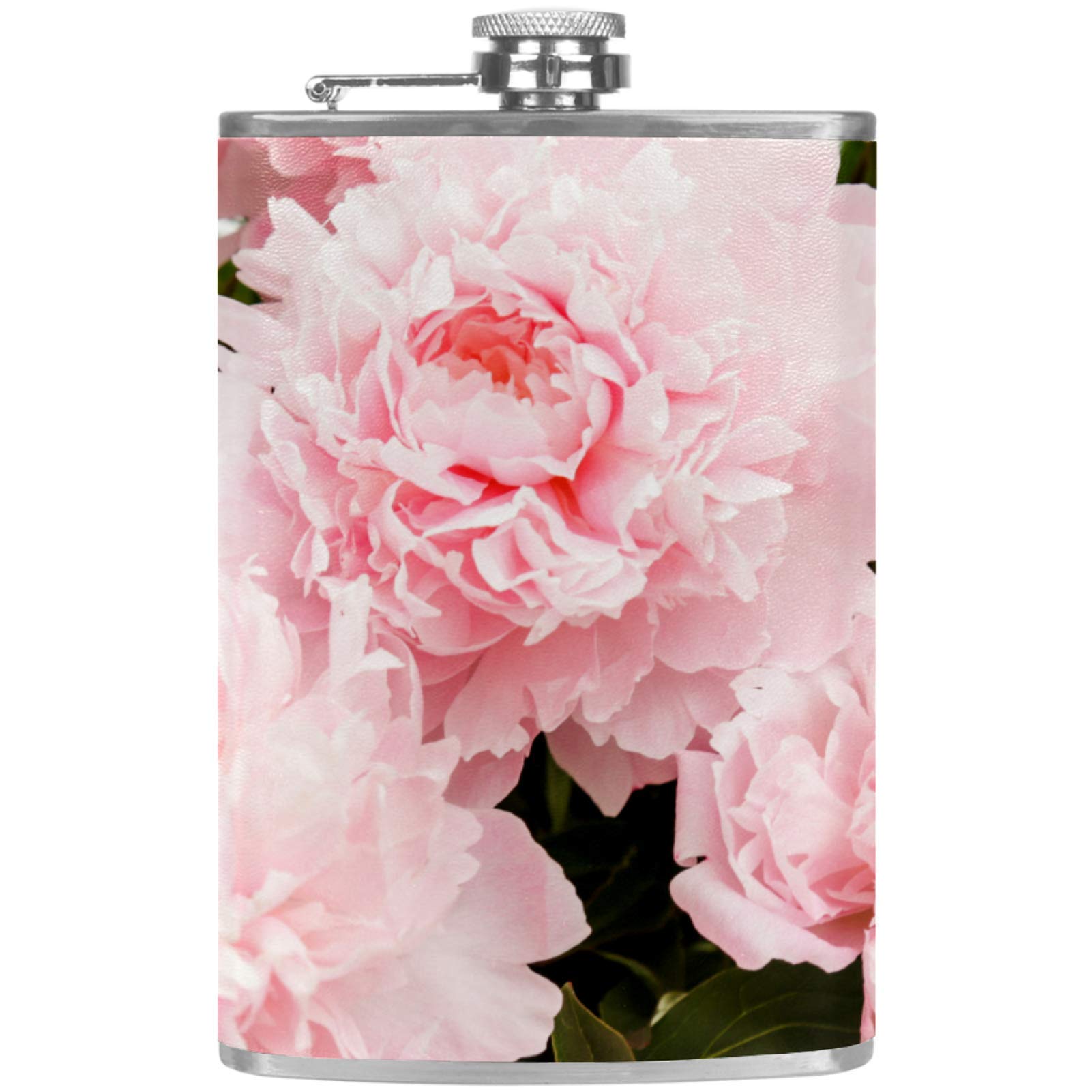 Flasque à whisky en cuir avec entonnoir motif pivoine rose
