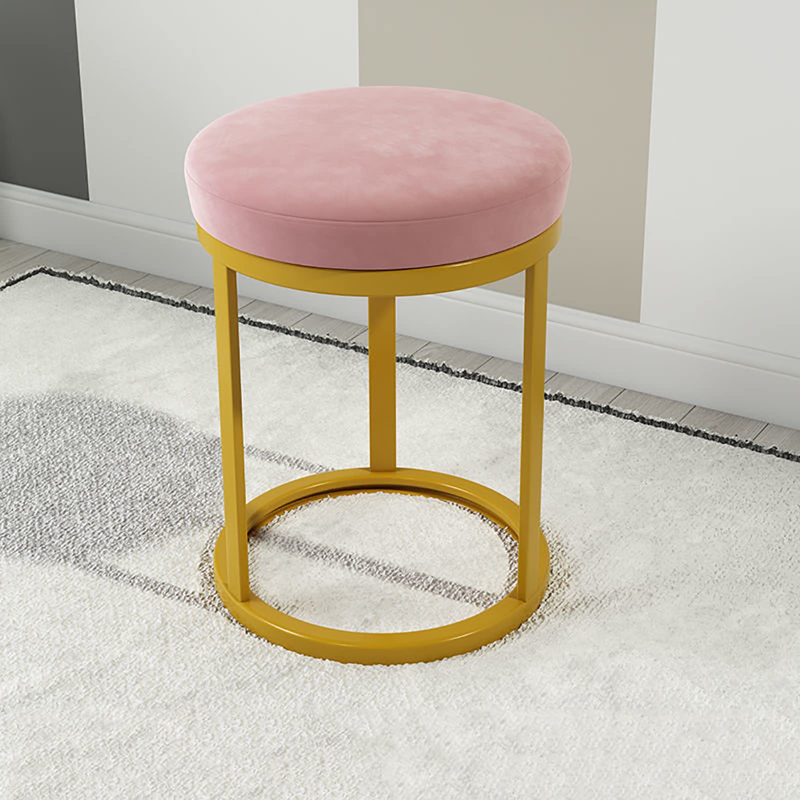 Reposapiés otomano redondo rosa con patas de metal elegantes para sala de estar