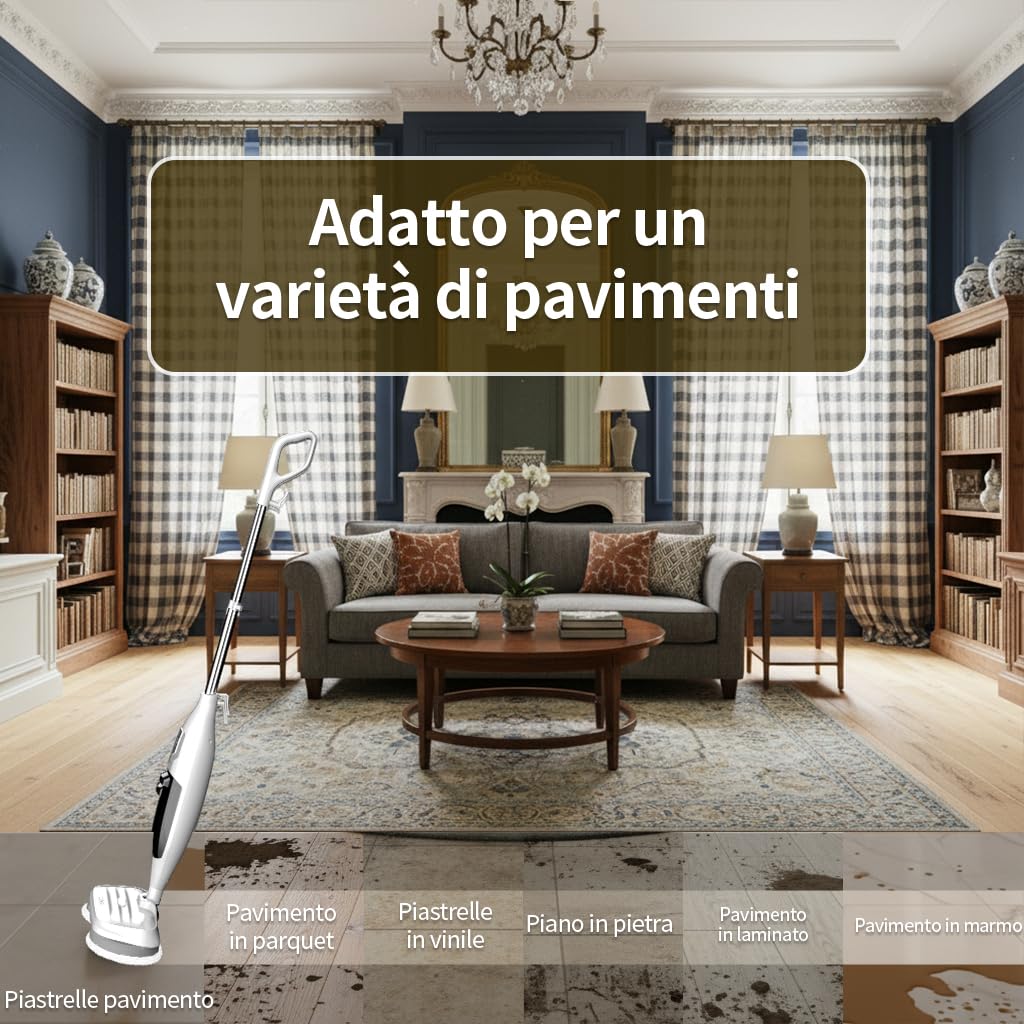 PUREBEAR Scopa a Vapore 2 in 1 con Pulitore a Vapore Portatile, 3 Livelli di Vapore Regolabili, 4 Panni di Ricambio, per Pavimenti, Piastrelle, Finestre, Vestiti e Fughe