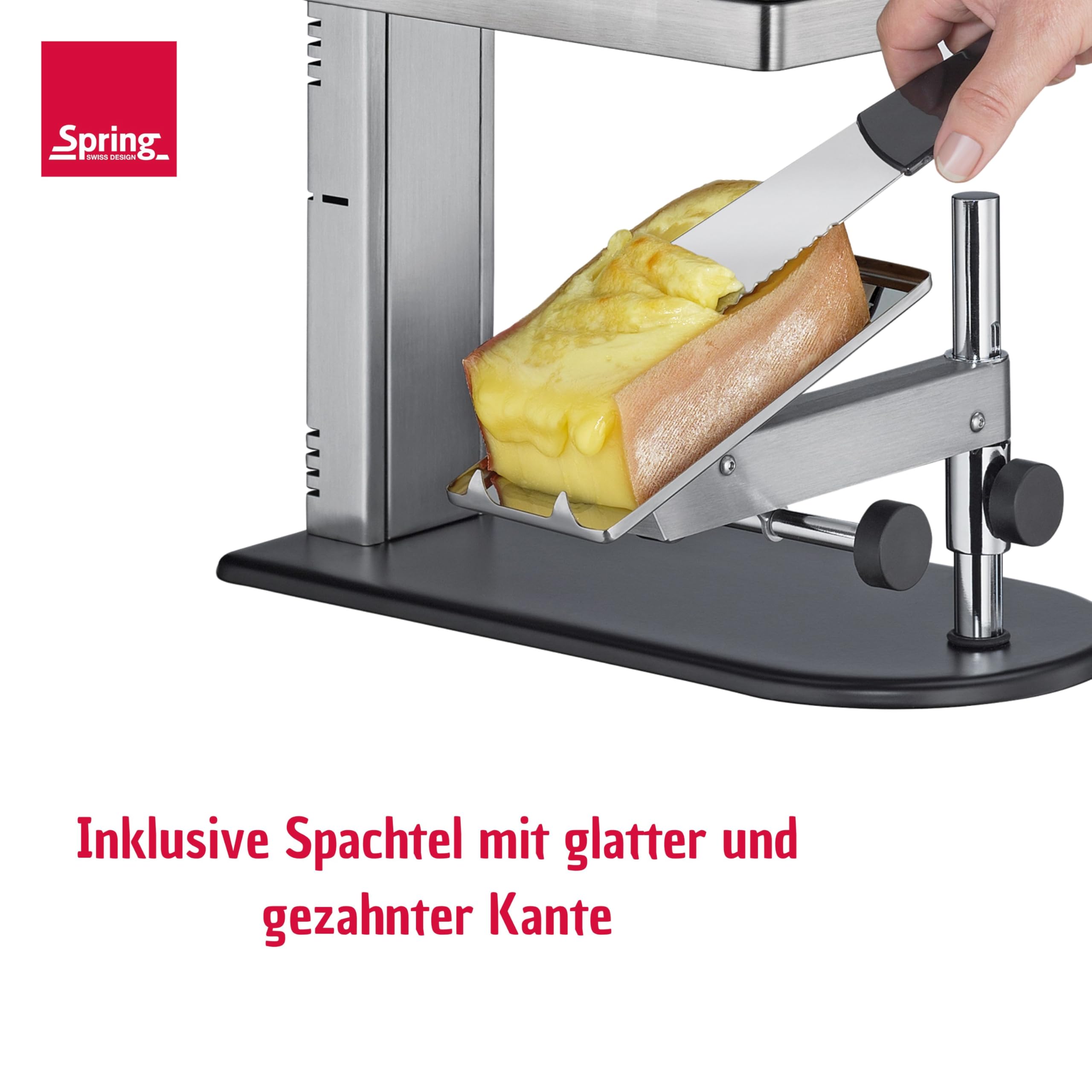 Spring Raclette-Ofen CHALET, 360° schwenkbarer Arm, Edelstahlgehäuse | Käseschmelzer, Aluminiumguss-Grillplatte, Antihaftbeschichtung, stufenlose Temperaturregelung, 600 Watt, schwenkbarer Arm