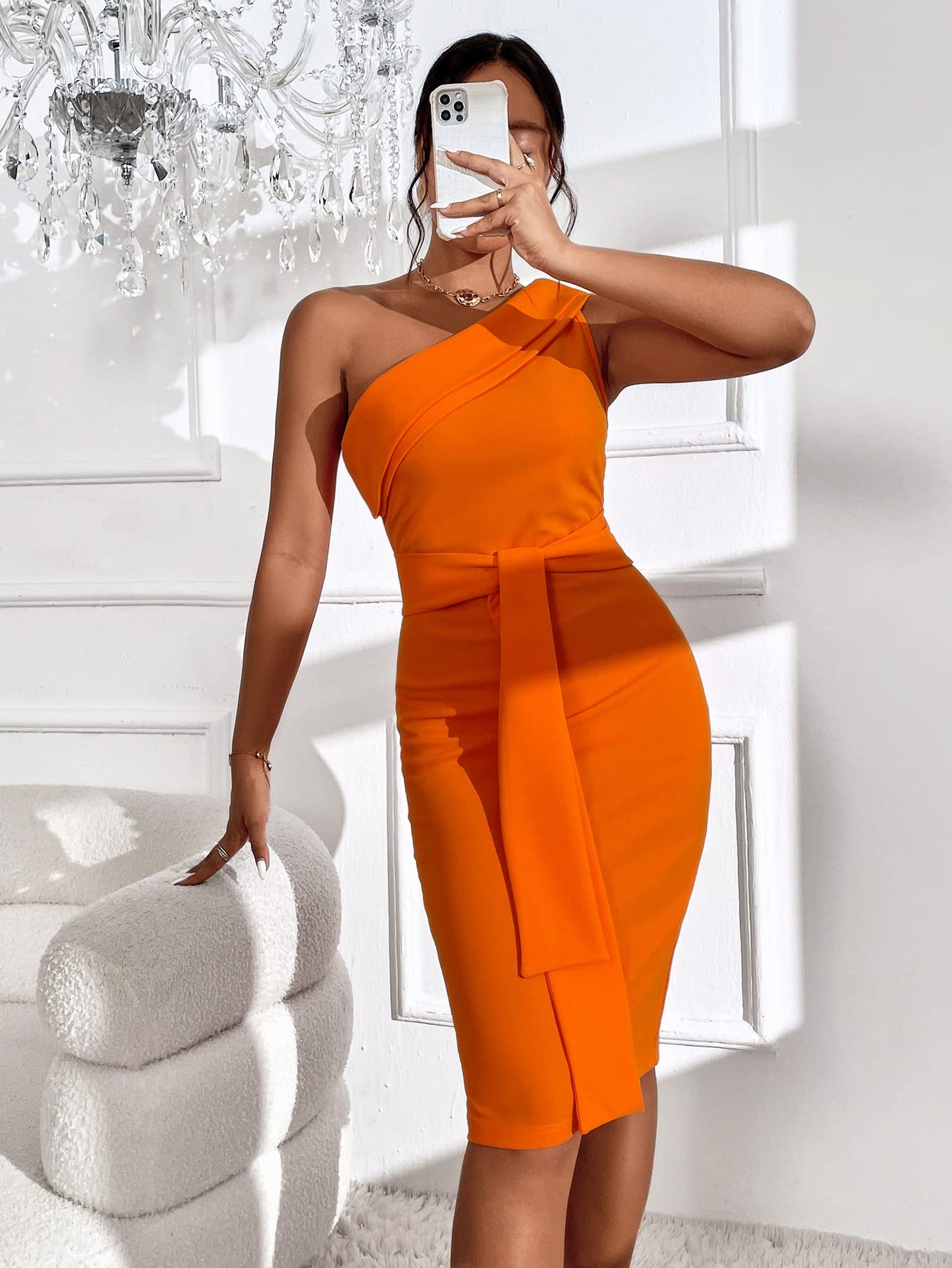 open lace back dress Alicia One Shoulder Bodycon Midi Dress In Orange