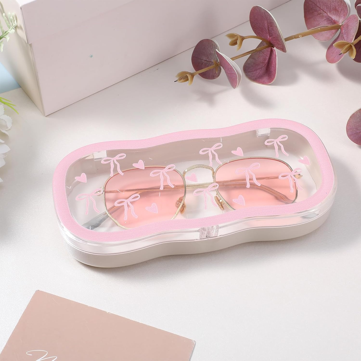 Cute Bow Glasses Case Set, Glasses Case Hard Shell, Glass Cases for Eyeglasses Women, Clear Reading Eye Glass Cases with Cleaning Cloth