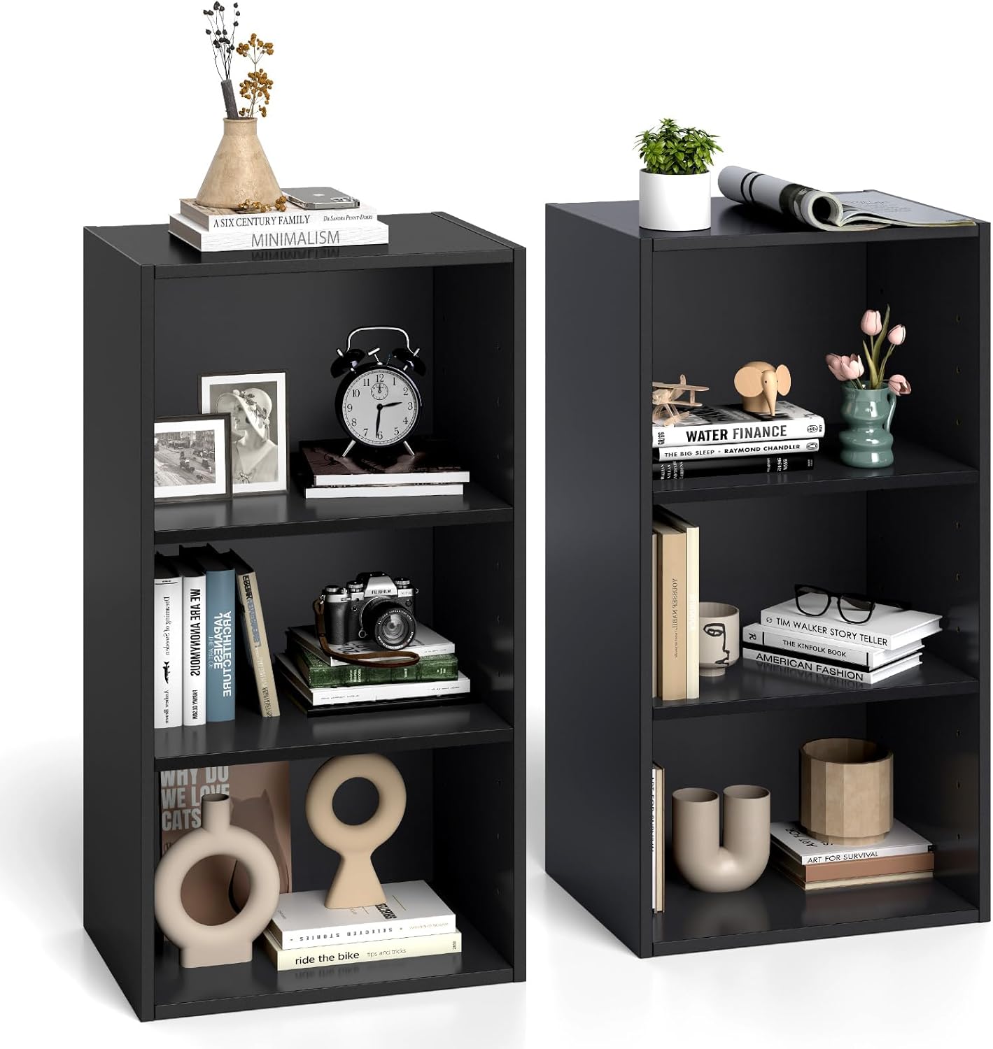 GOFLAME 3 Tier Small Open Bookshelf Set of 2, Short Bookcase with 2 Adjustable Shelves, Multifunctional Storage Cabinet, Modern Display Shelf for Living Room, Bedroom, Study, Home Office, Black