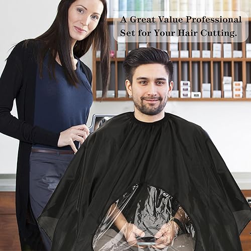 Miniatura 7 de FEBSNOW Capa de peluquería profesional negra con cepillo para el cuello, capa de corte de pelo grande con ventana transparente, repelente al agua,