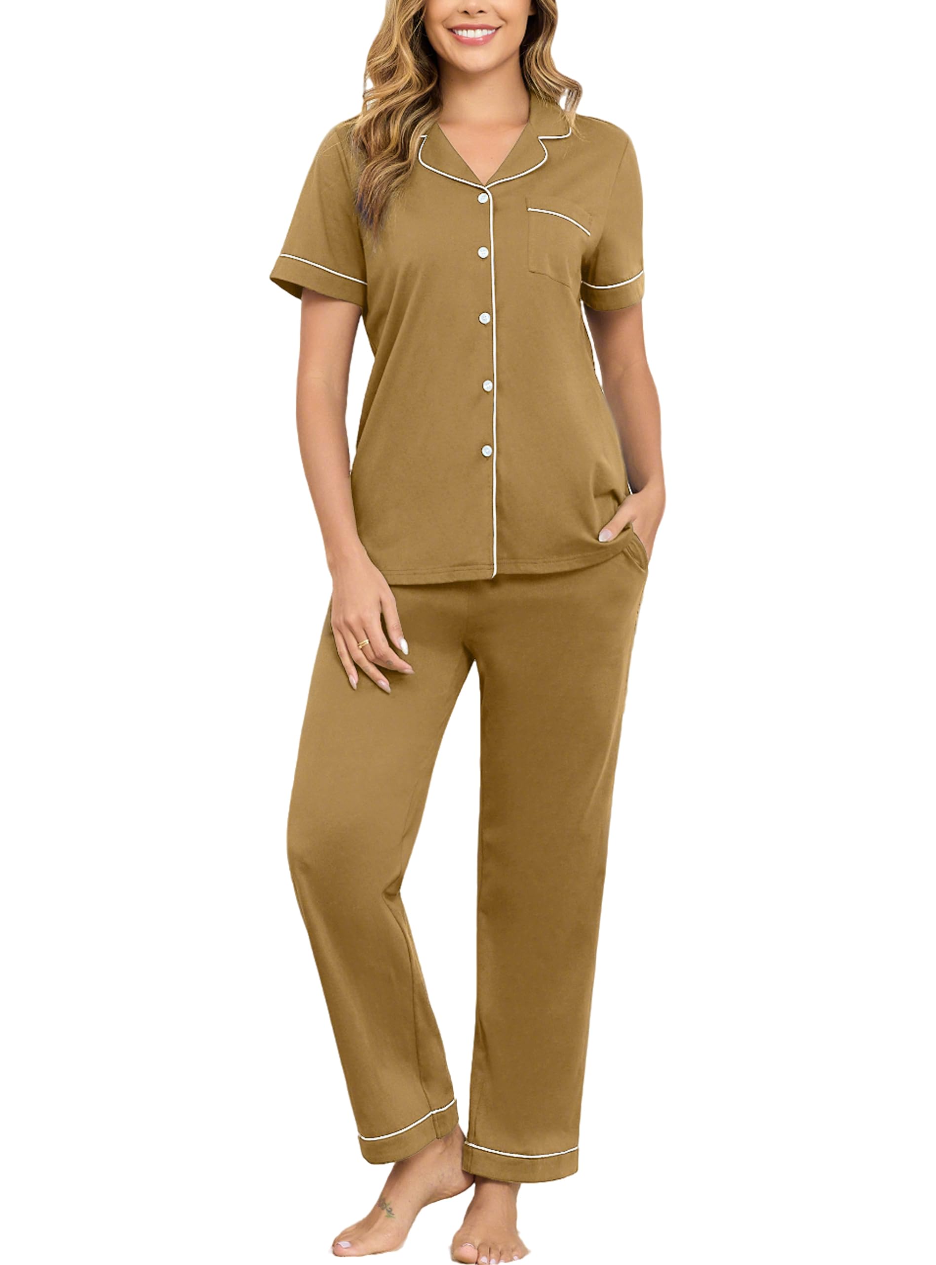 Veseacky 100% Cotton Pajamas for Women Set Short Sleeve Button Down Sleepwear Soft 2 Piece Summer Pjs Lounge Sets S-XXL