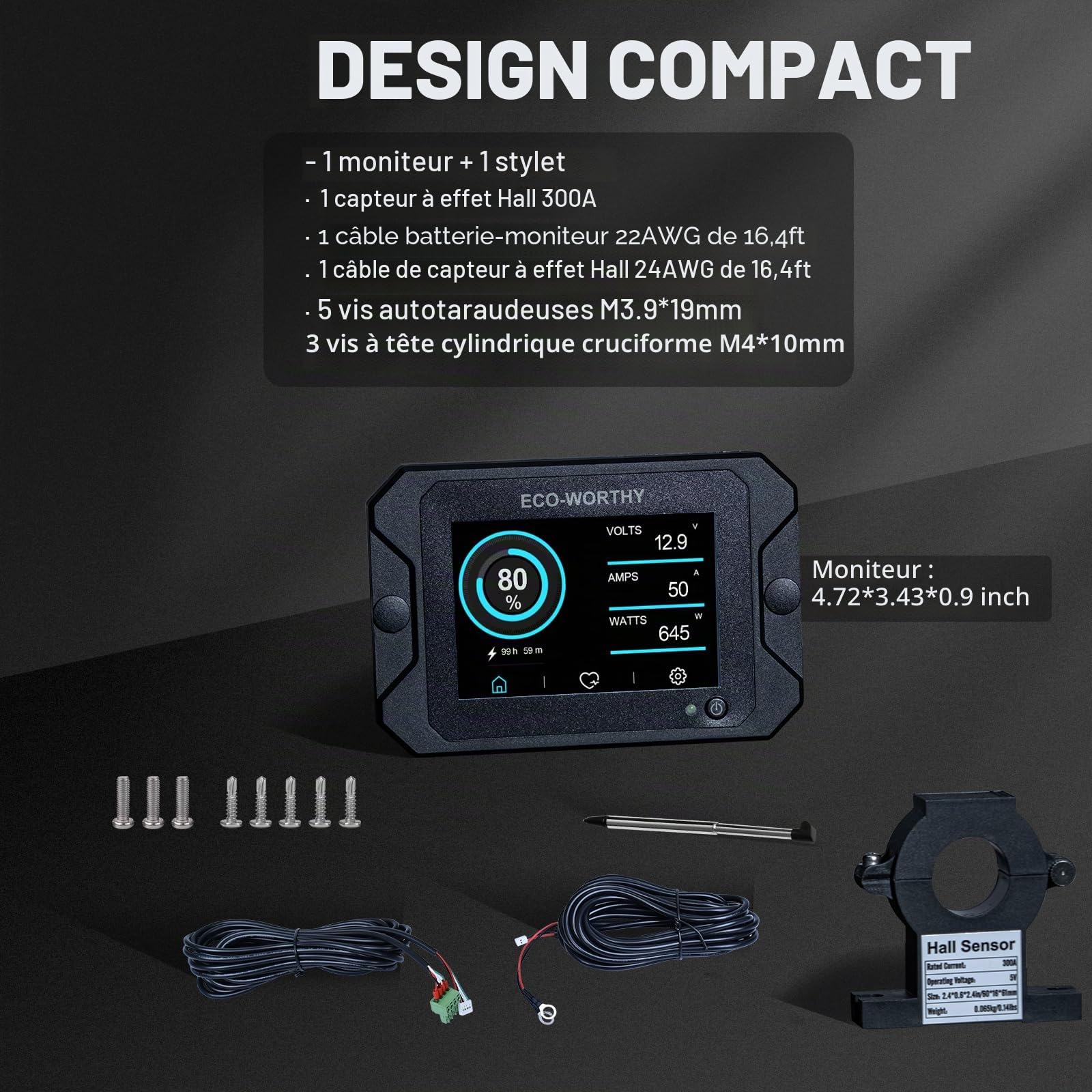 ECO-WORTHY Moniteur de Batterie 300A avec Capteur Hall, Moniteur de Batterie 9-80V pour Batterie Li-ion/LiFePO4/AGM/Gel dans Système Solaire/Chariot/RV