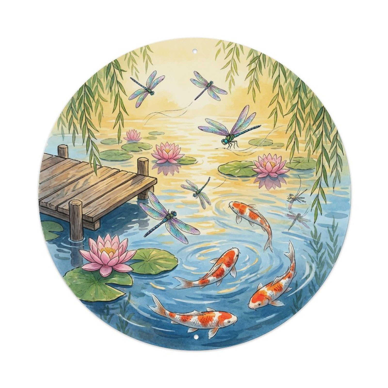 Galvaxio Style Japanese Koi Fish Summer Dragonfly Hovering Metal Tin Sign