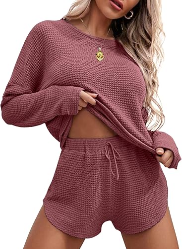 Ekouaer Conjunto de pijama de punto gofre, para mujer, camiseta de manga larga y pantalones cortos a juego, conjunto de ropa de descanso con