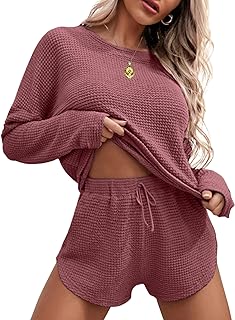Womens Waffle Knit Pajama Sets Long Sleeve Top and Shorts Matching Lounge Set Loungewear Sweatsuit with Pockets