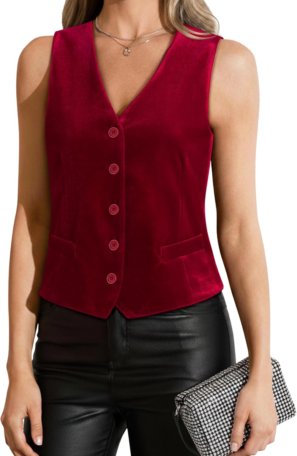 Gaharu Women's Velvet Blazers Vest Christmas Sleeveless Suit Vests Dressy Button Down V-Neck Waistcoat Fall Winter 2025