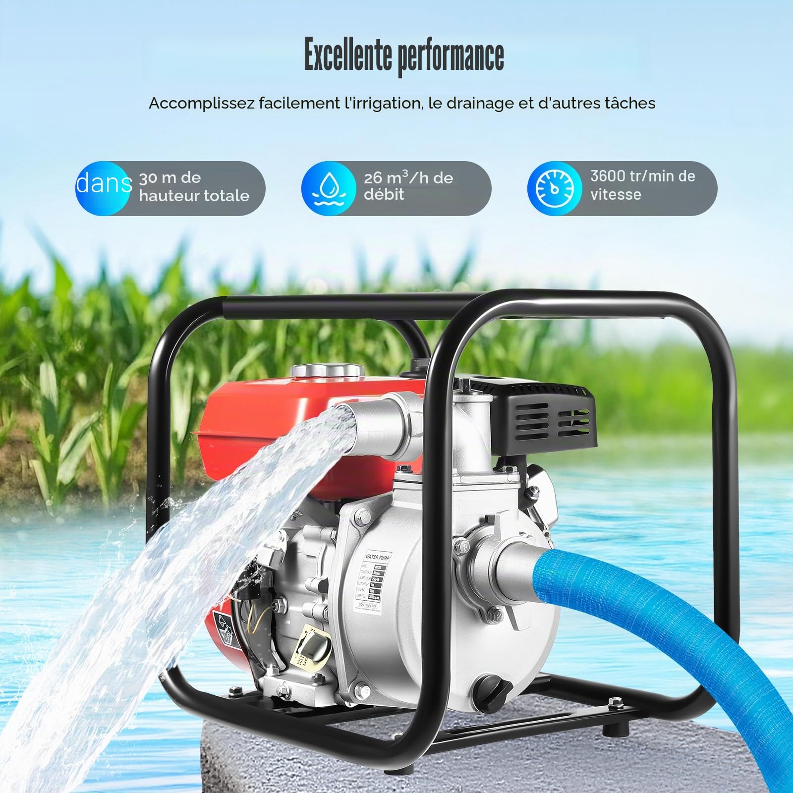 7,5 CV Pompe à Eau Thermique Eaux Usées Motopompe 4 Temps Essence | 26 m³/h, Hauteur de Refoulement 30 m, Raccord 50 mm (2″), pour Drainage, Irrigation, Lavage et Arrosage
