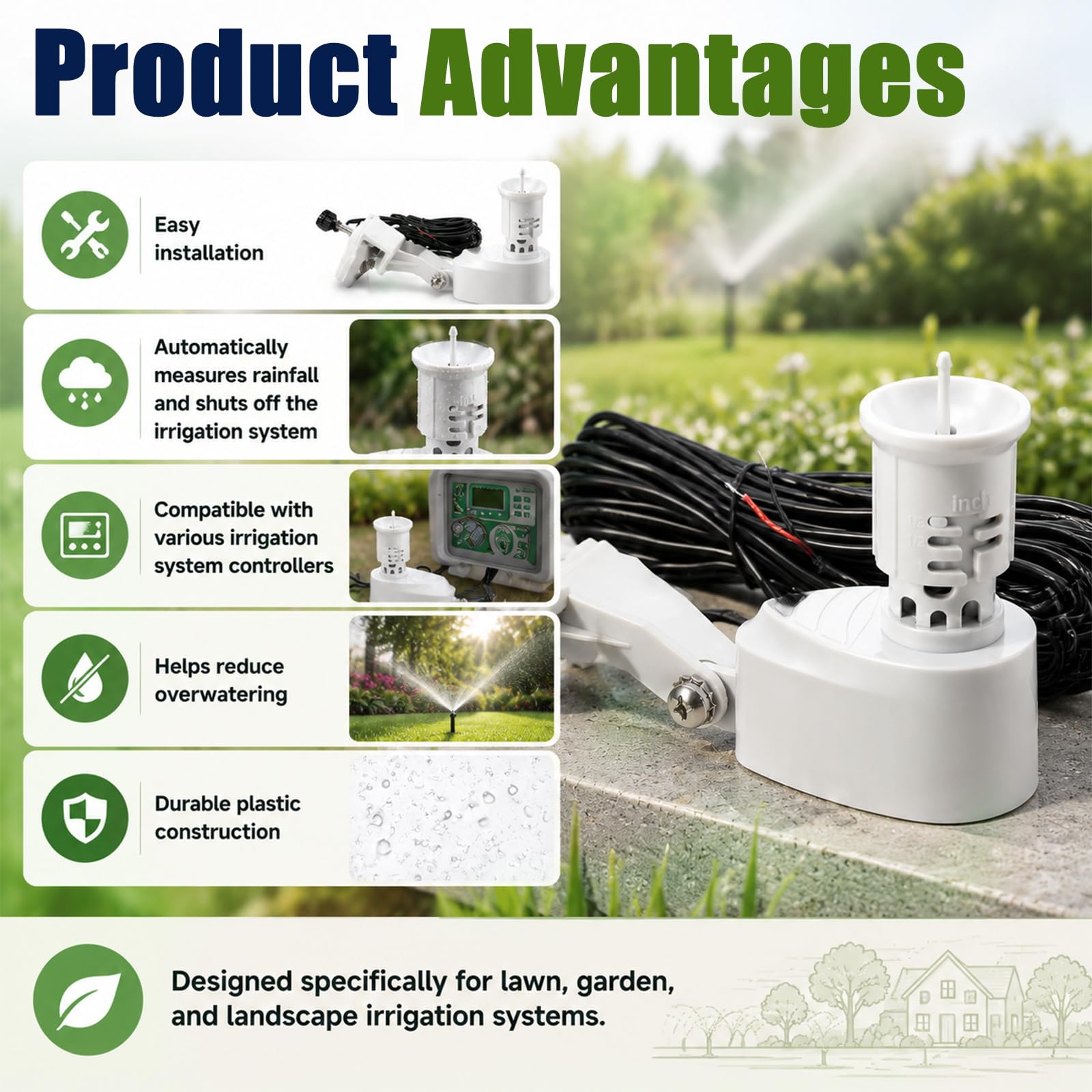 Sensore di pioggia cablato per sistema di irrigazione Cavo di collegamento da 7,6 m Soglia di pioggia regolabile 5-20 mm Design resistente alle intemperie Spegnimento automatico
