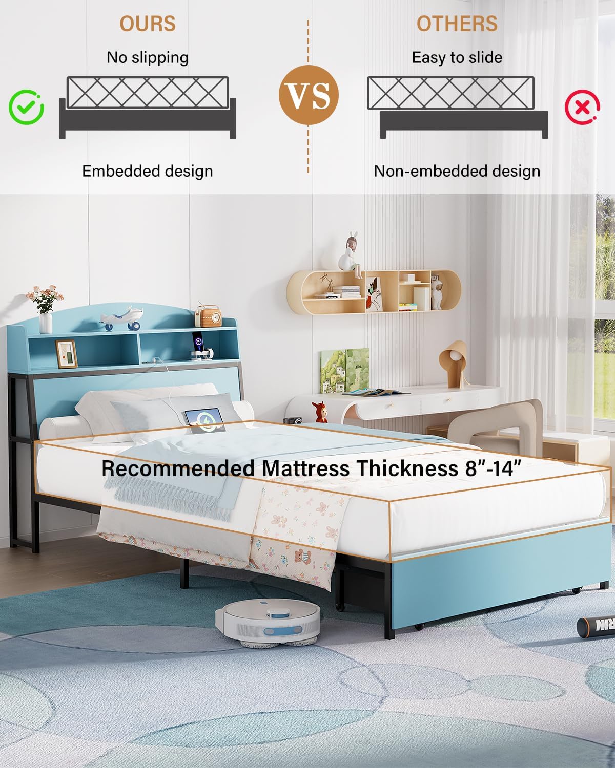 Twin Bed Frame with Storage Headboard & Drawer, 3-in-1 Charging Station, Sturdy Metal Frame, No Box Spring Needed, Noise-Free, Non-Slip Design – Ideal for Kids, Teens, or Guest Room (Blue & Black)