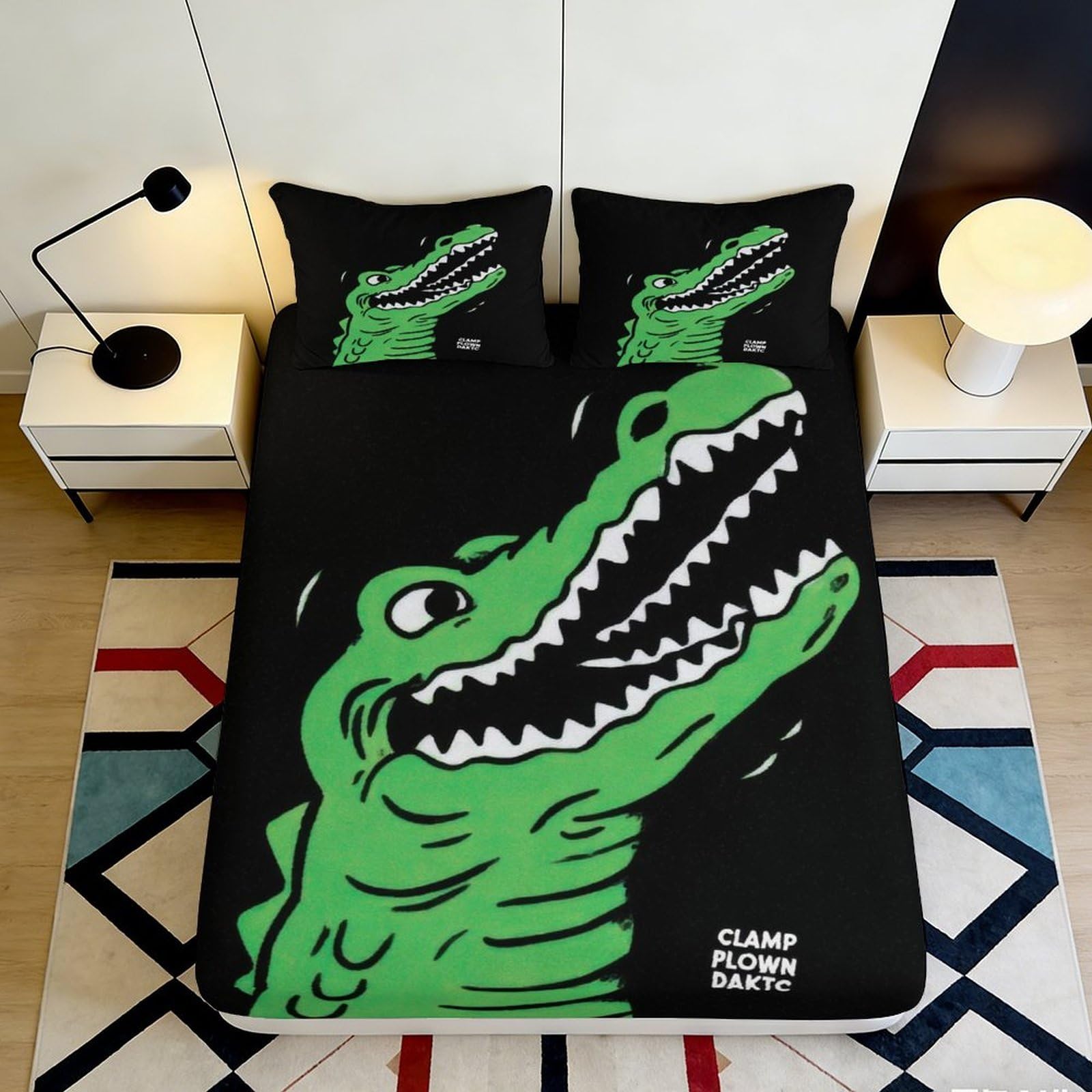 3D Printed Green Crocodile Fitted Sheet Microfiber Soft Black Cartoon Animal Mattress Cover for Bedroom Dorm Mattress Protection Decor 140x200x25cm