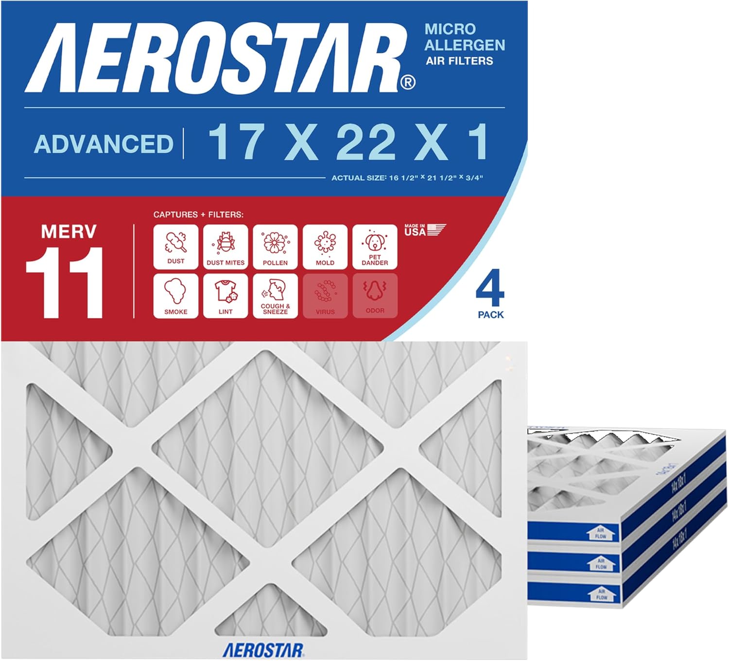 Aerostar 16.5x21.5x1 MERV 11 Air Filter, Pleated AC Furnace HVAC Filters (16.5x21.5x0.75), for Allergies Asthma Dust Pet Dander Smoke Bacteria Viruses, MPR 1500 FPR 10, USA, 4 Pack