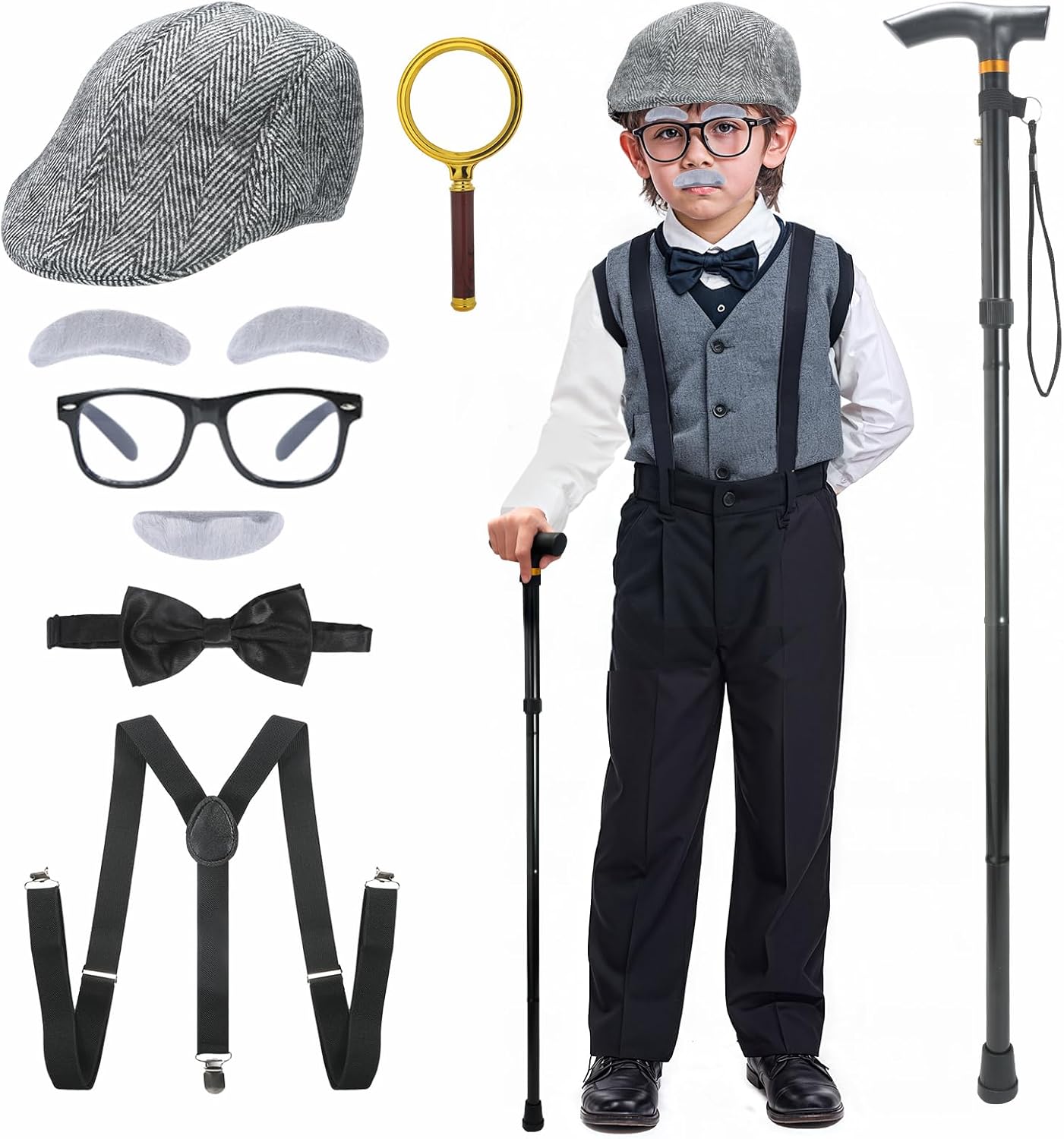 TaikaoQi Old Man Costume for Kids 100 Day of School Costume for Boys – Grandpa Cosplay Accessories with Hat, Glasses, Cane, Bow Tie, Suspenders, Magnifying Glass, Eyebrows & Mustache