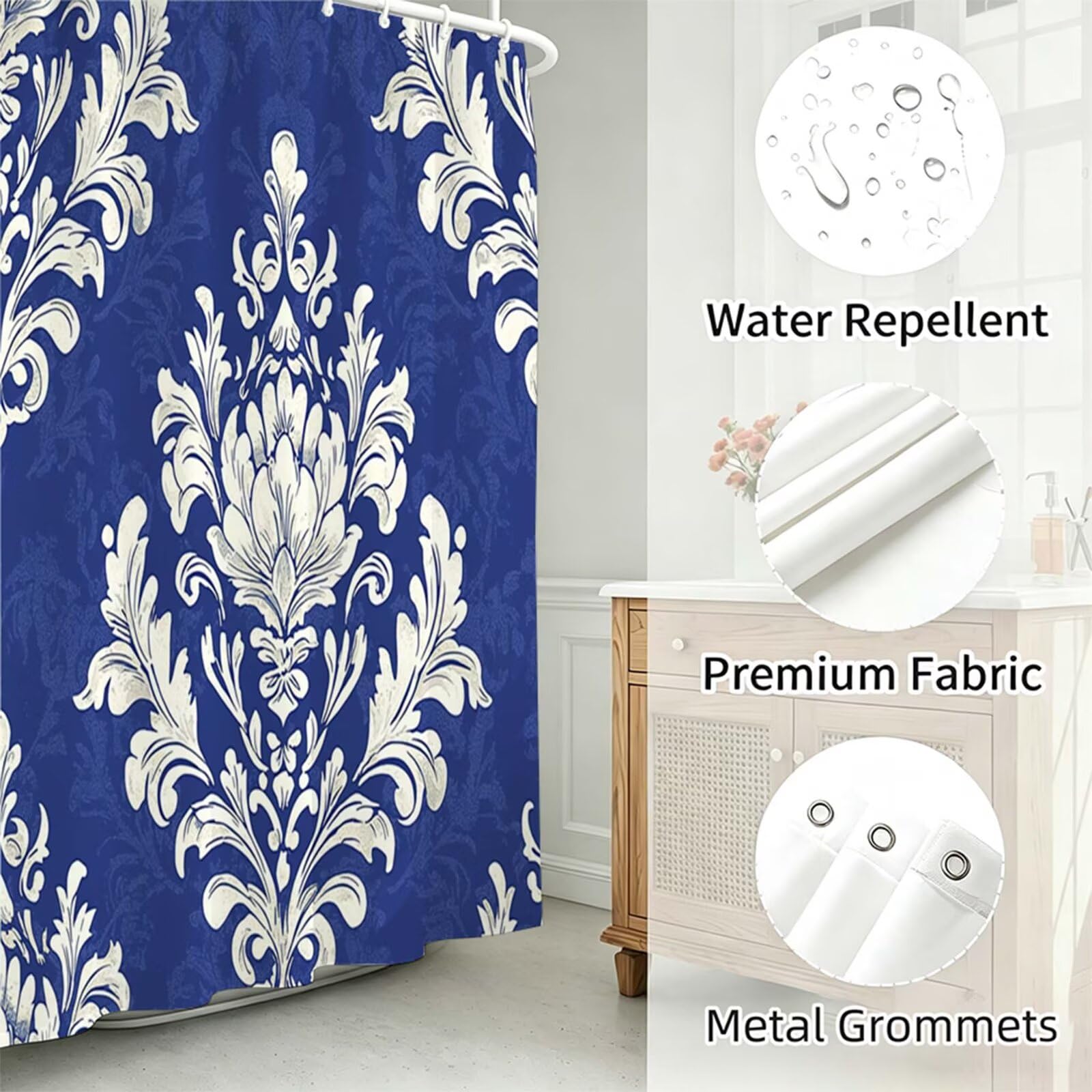 Marineblau Duschvorhang 180x240cm,Duschvorhänge Retro,Bedruckt mit Kunststoffhaken,Badezimmerdekor Vorhang,Wasserdicht Shower Curtains,für Badezimmer,Badewanne,Schlafsaal,Hotel Dekorieren J-732