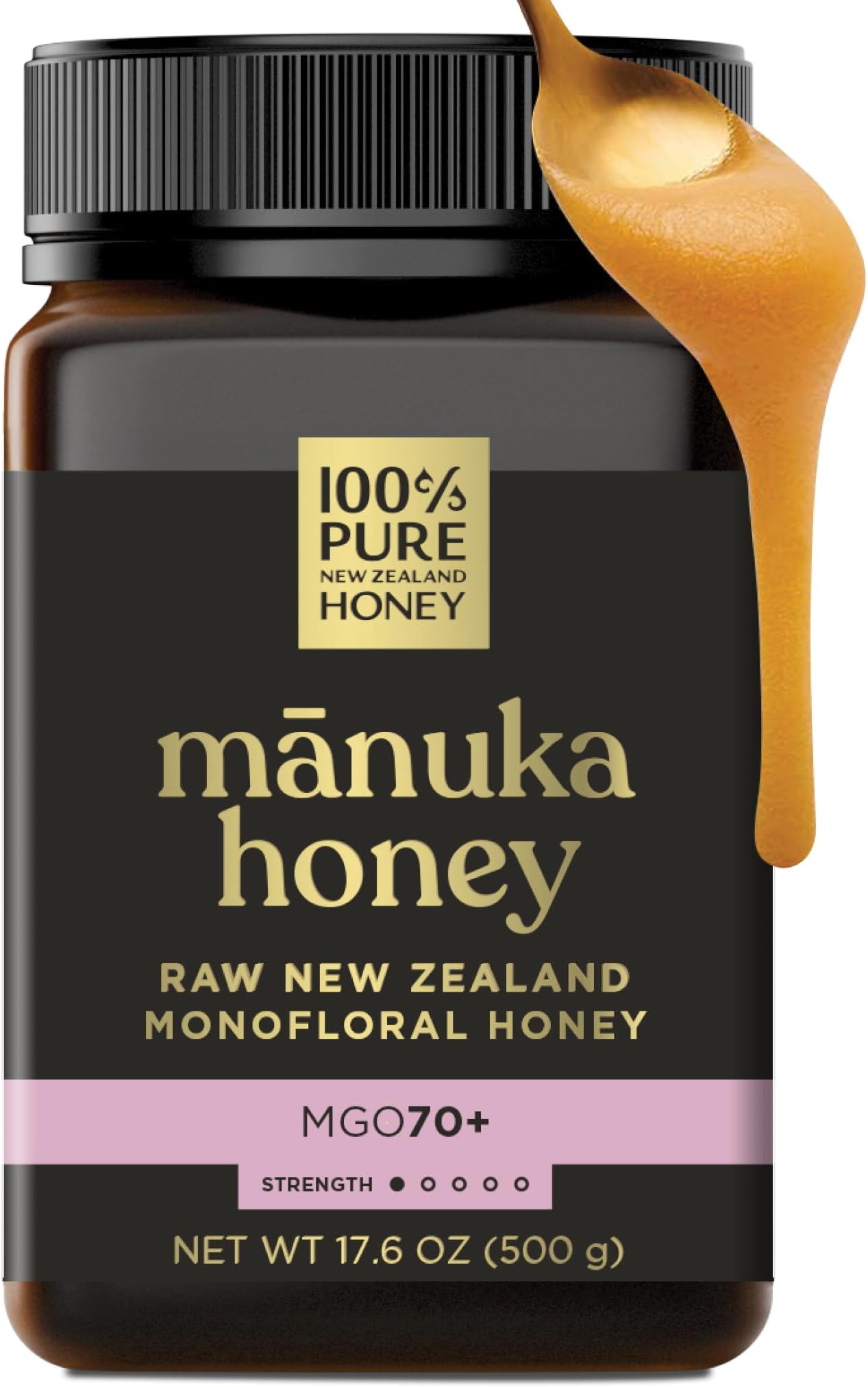 MGO 70+ Monofloral Mānuka Honey, 100% Pure New Zealand Raw Mānuka, 17.6 Ounce (500g) (Pack of 1)