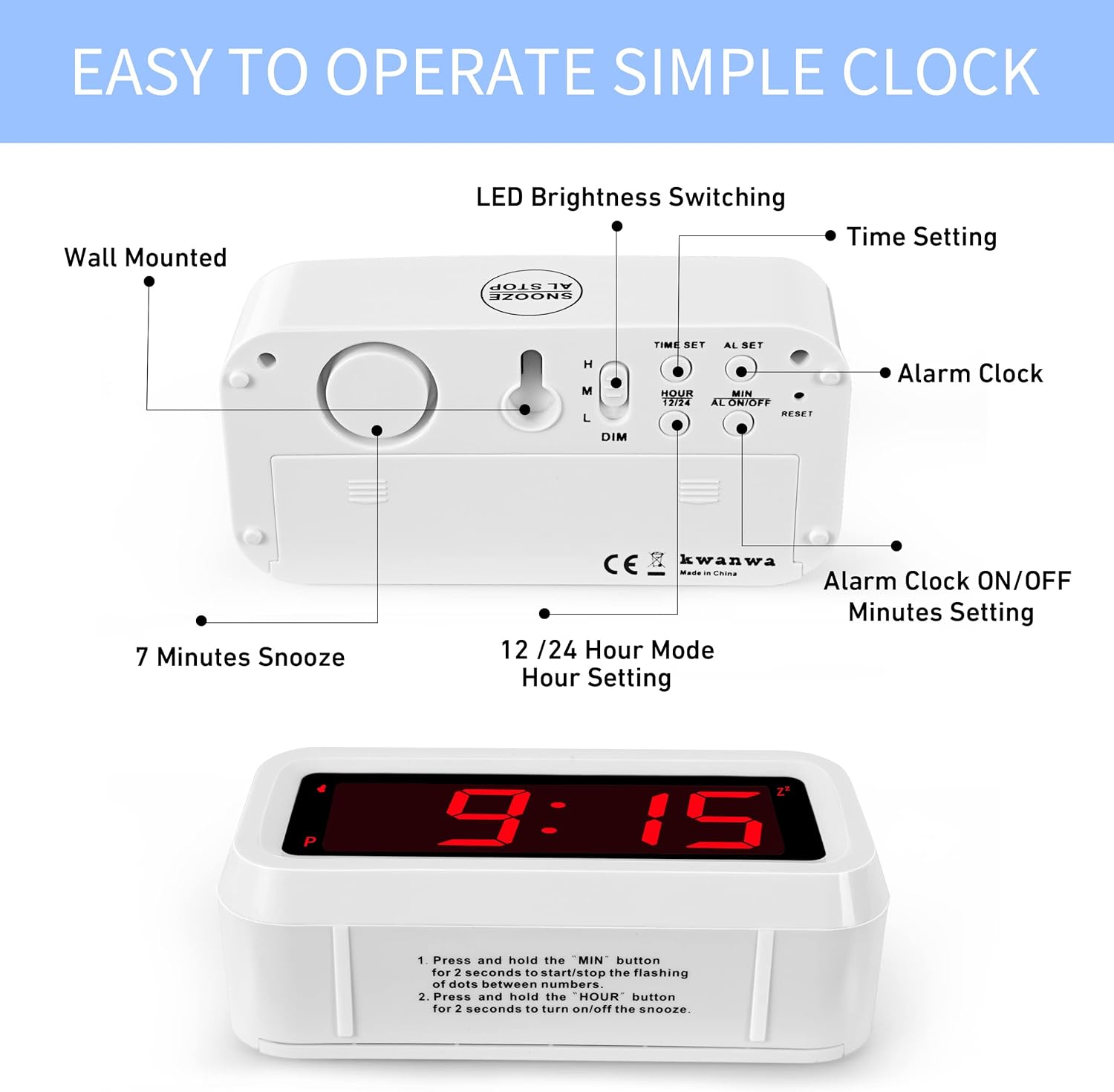 Detailed view of the KWANWA Digital Alarm Clock's back panel, highlighting control buttons for time setting, alarm setting, 12/24 hour mode, and brightness adjustment.