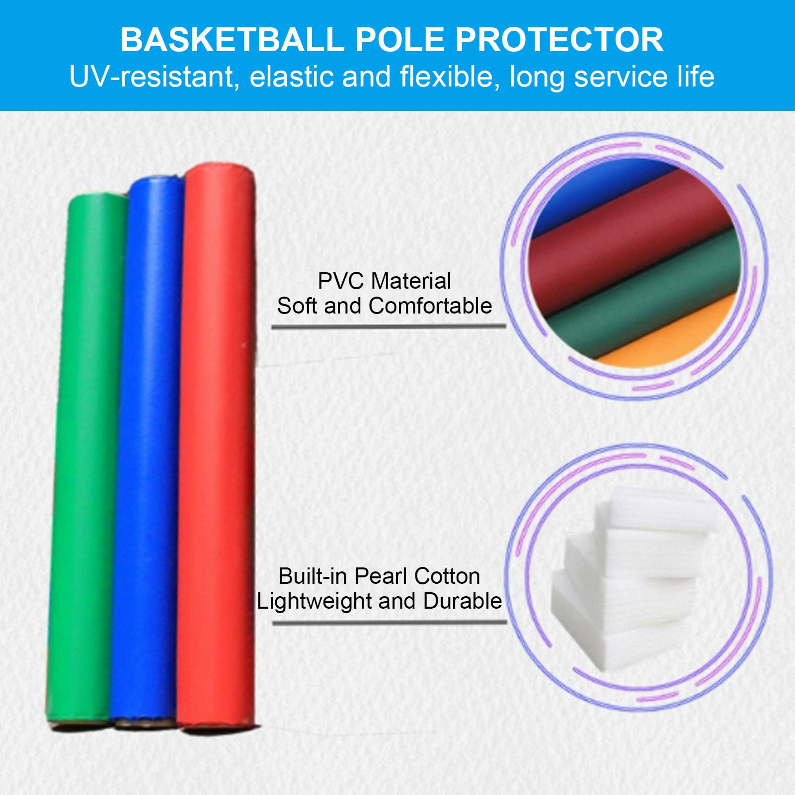 Acolchado protector para aro de baloncesto, 180 cm de alto, fácil de instalar, material de PVC, adecuado para canchas y gimnasios, cubierta de seguridad para postes redondos, almohadilla anticolisión