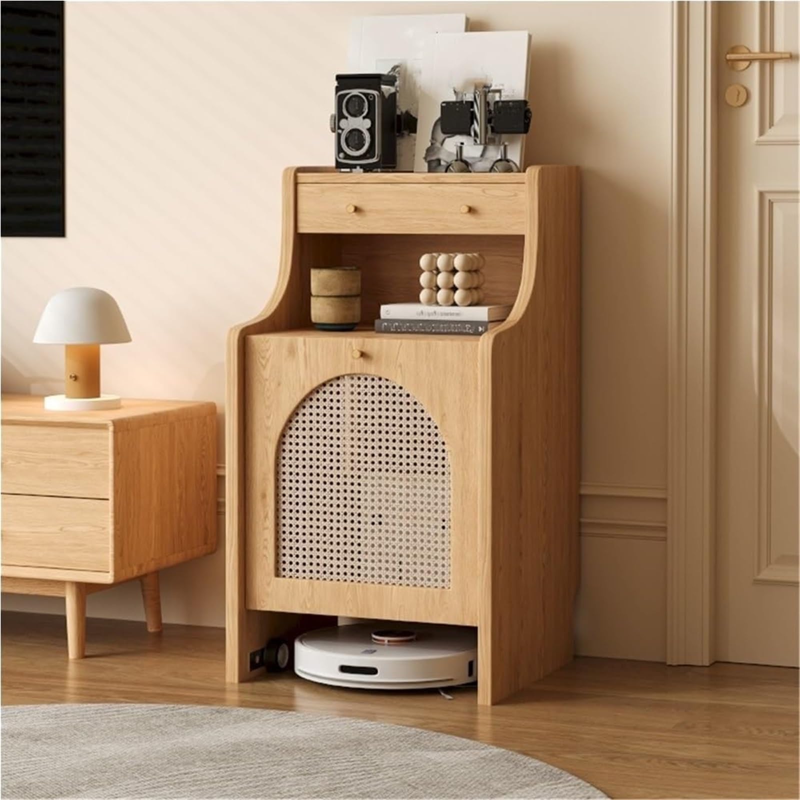 MESCXTY Home Furnishing Sofa Side Table Sweeper Robot Vacuum Hidden Storage Cabinet Over The Shelf for Entryway Living Room(Natural,45cm/17.7in)