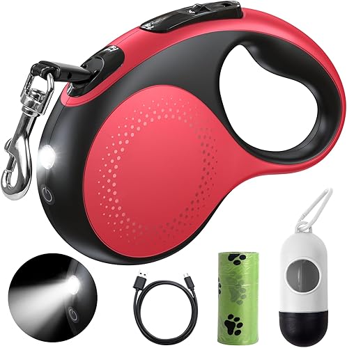 Correa retráctil para perro con luz LED, correa recargable de 16 pies para perros pequeños y medianos de hasta 66 libras, 360 sin enredos, control