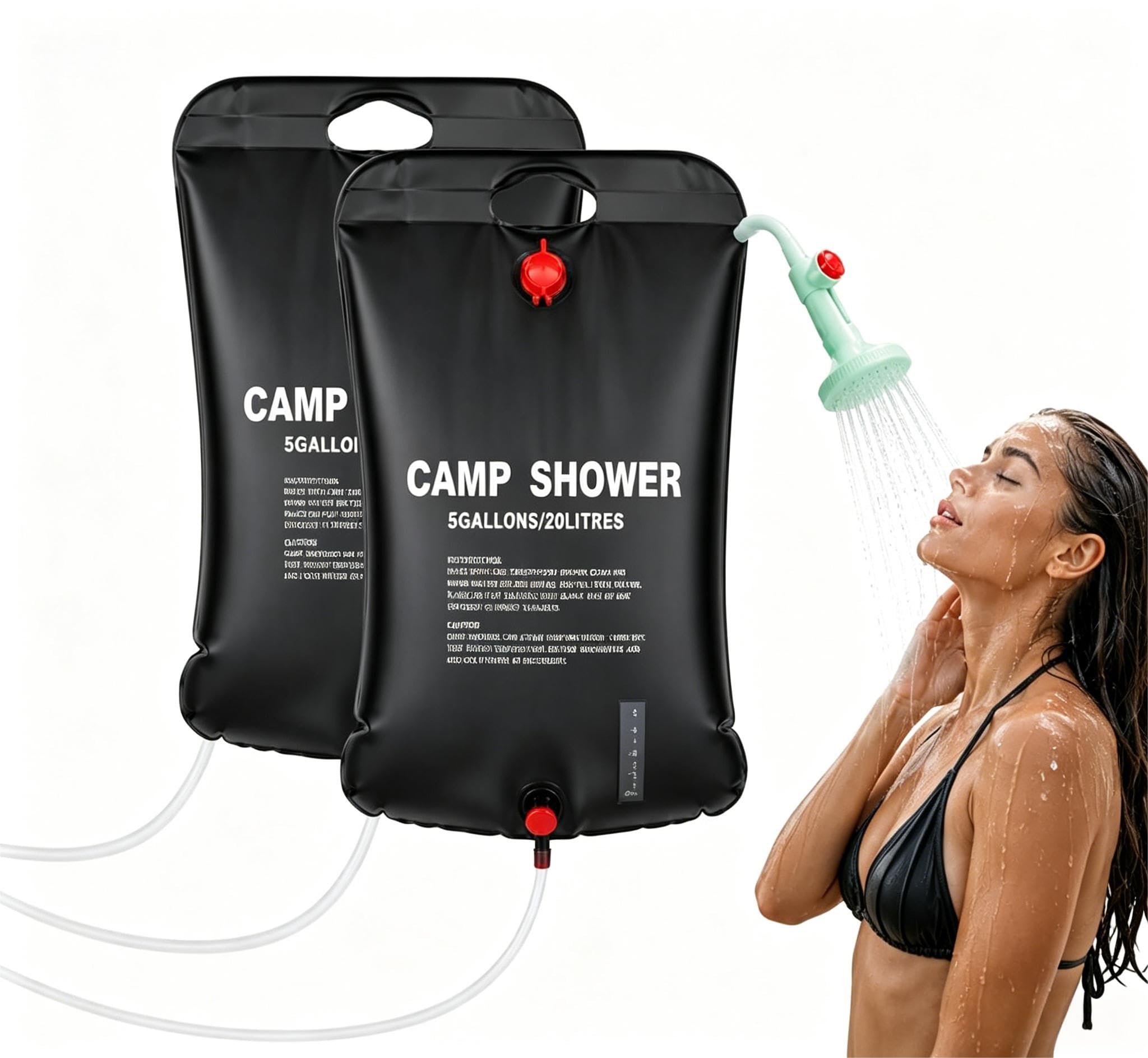 Bolsa de ducha solar portátil de 5 galones/20 litros, calefacción solar a prueba de fugas, ducha de campamento con cabezal de ducha ajustable de encendido/apagado y ventana de nivel de agua