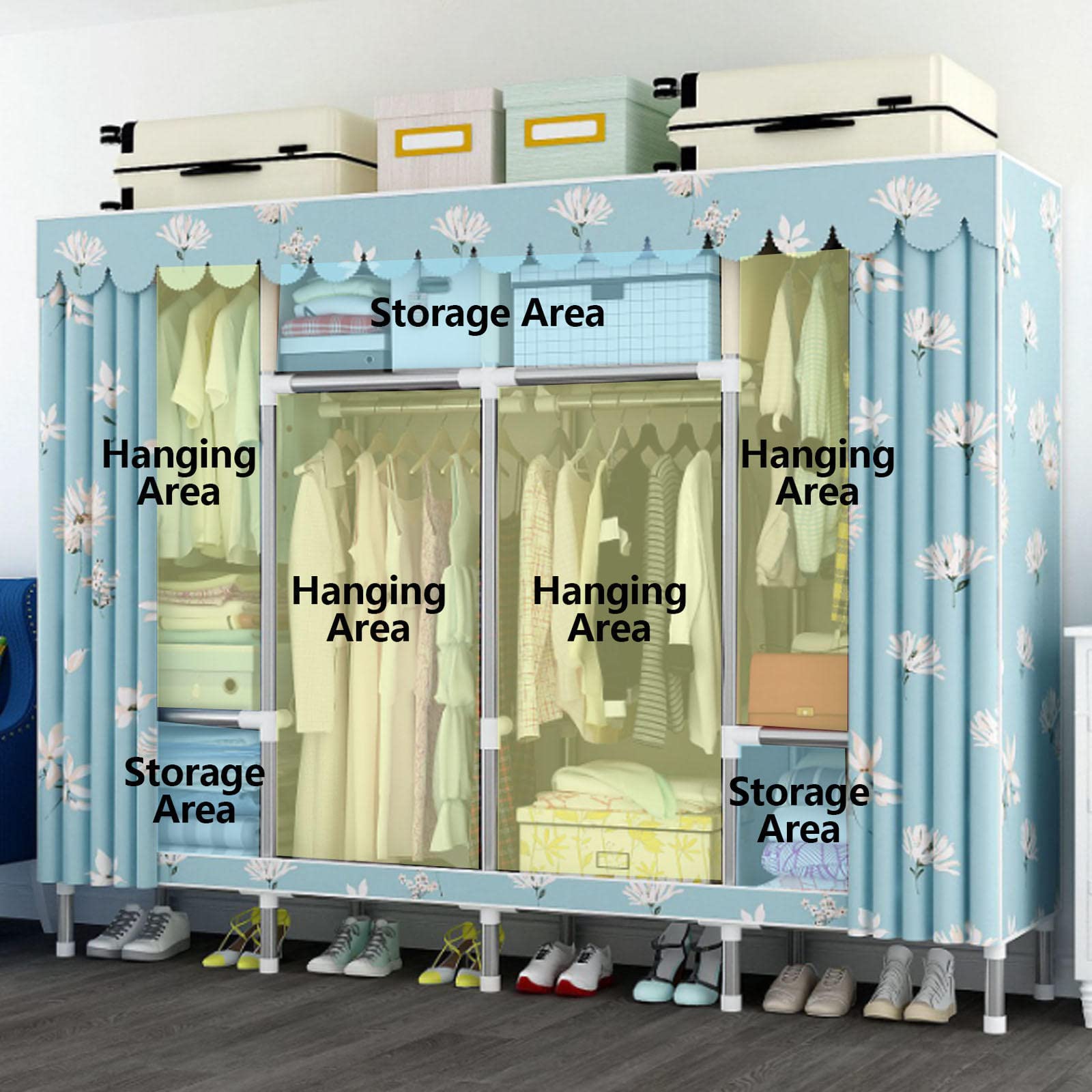 Tragbarer Stoff-Kleiderschrank mit Regalen und Kleiderstange, faltbarer Kleideraufbewahrung, großer Canvas-Schrank für Kleidung und Taschen, 206 x 45 x 175 cm, Kleiderständer