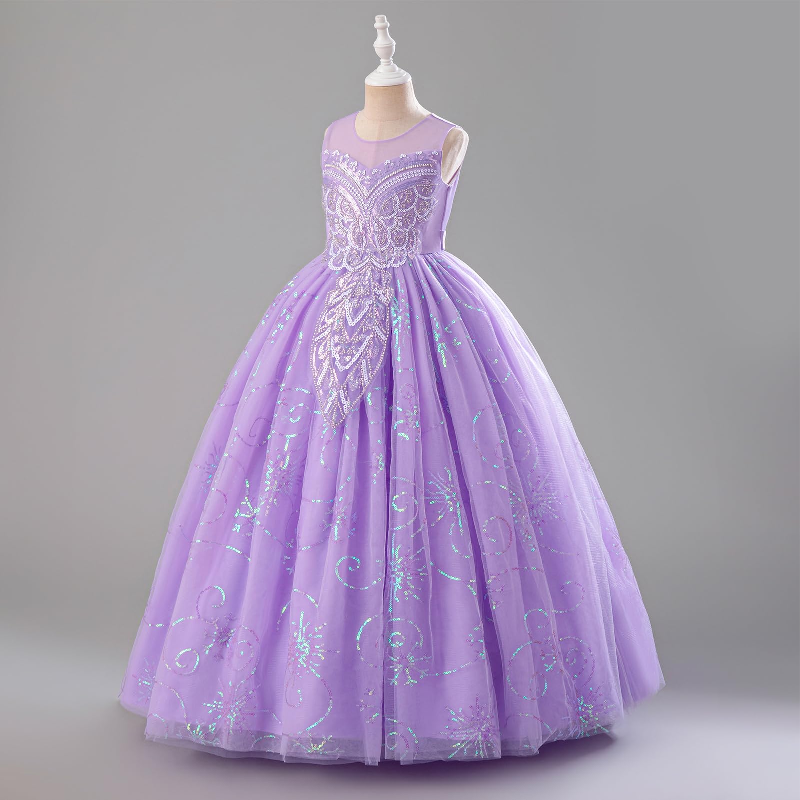 IDOPIP Vestido largo de tul con apliques de lentejuelas para niñas, para bodas, concursos, fiestas, cumpleaños, comuniones, vestidos de tul