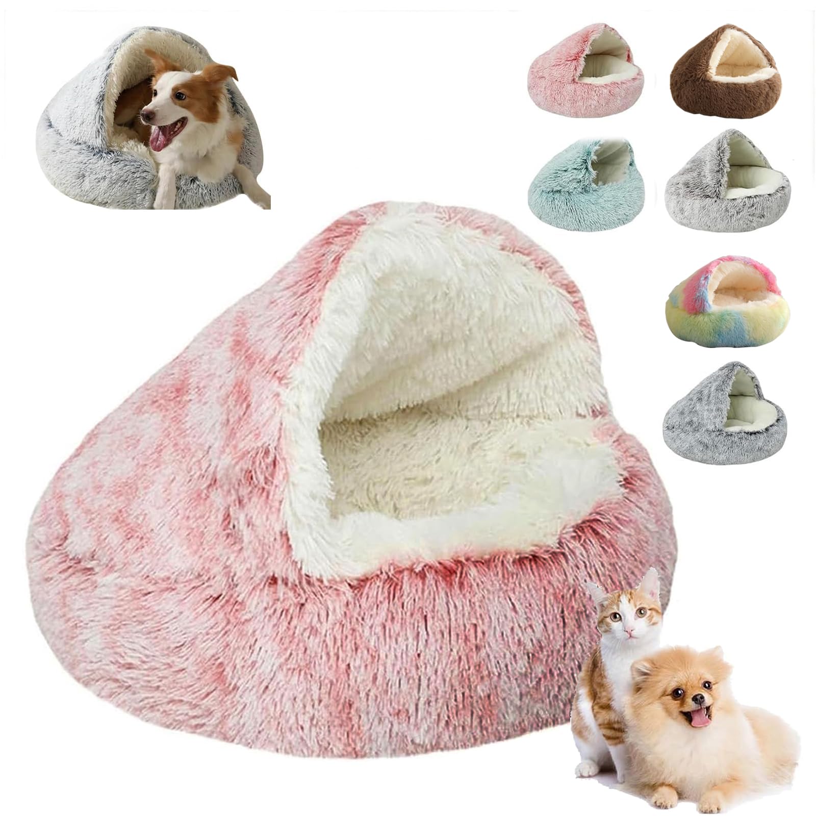 سرير عش لابكاتز من لابكاتز، عش لابكاتز، عش لابكاتز، سرير دائري مخملي منفوش للحيوانات الاليفة، سرير قطط مغطى، سرير مريح بغطاء للراس (40 سم/15.8 انش، بي)
