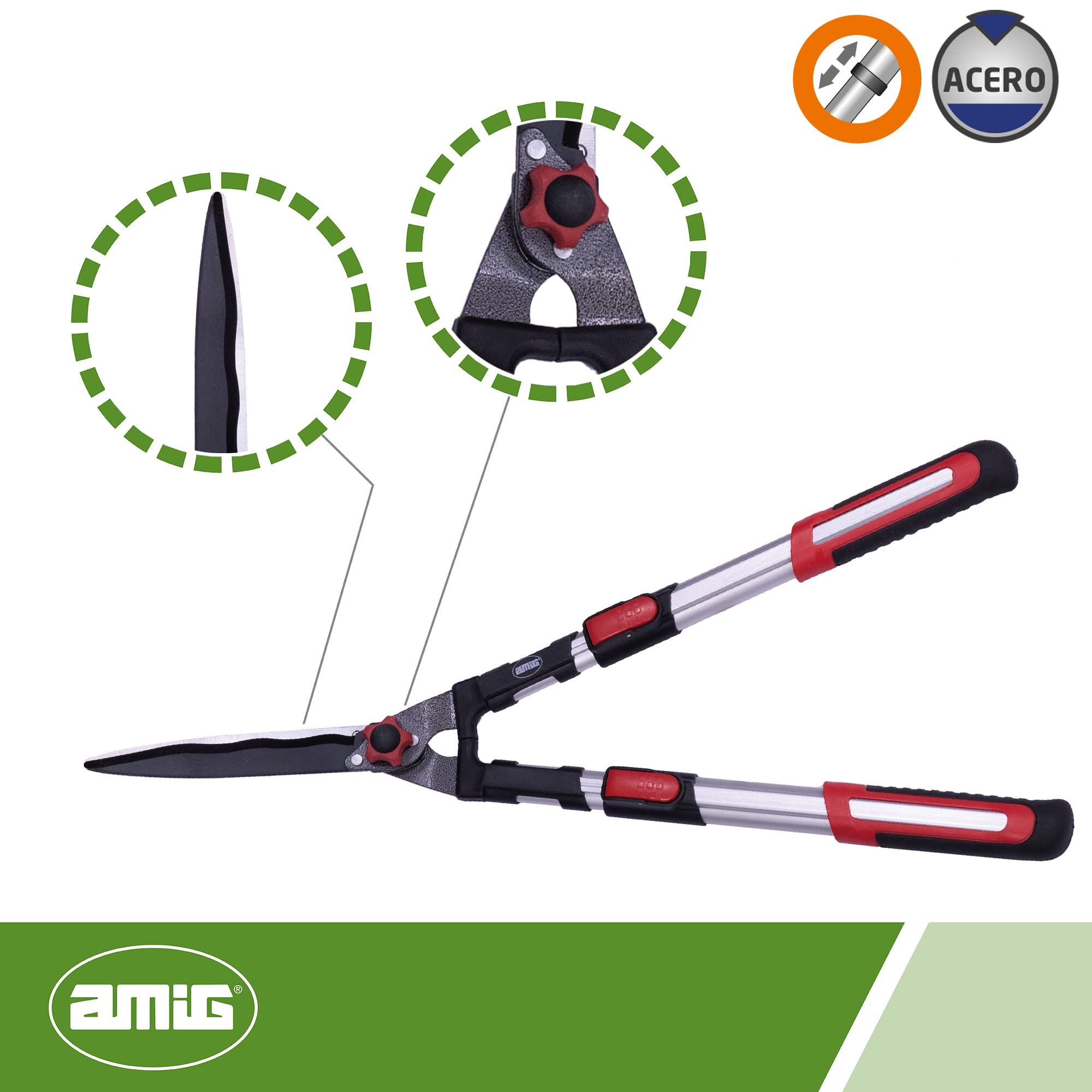 Amig - Tijera Cortasetos Extensible, a Dos Manos, Hoja de Acero Templado Revestido de Teflón, 600 mm, Mango Telescópico de 68 a 88 cm, Filo Ondulado para Corte Óptimo y Preciso